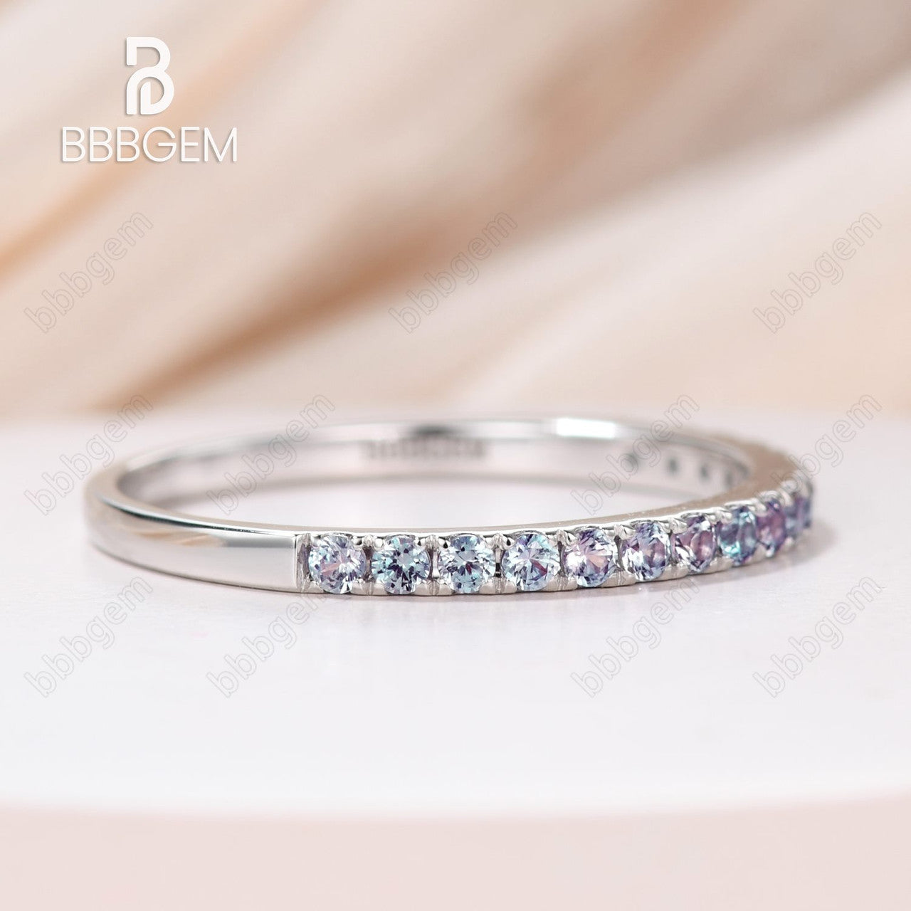 14K Rose Gold Alexandrite Wedding Band - Stackable Round Cut Green Alexandrite Ring with Petite Pave Setting | Bridal Matching Ring, Anniversary Gift for Her, Perfect for Engagement, Stacking or Special Occasions