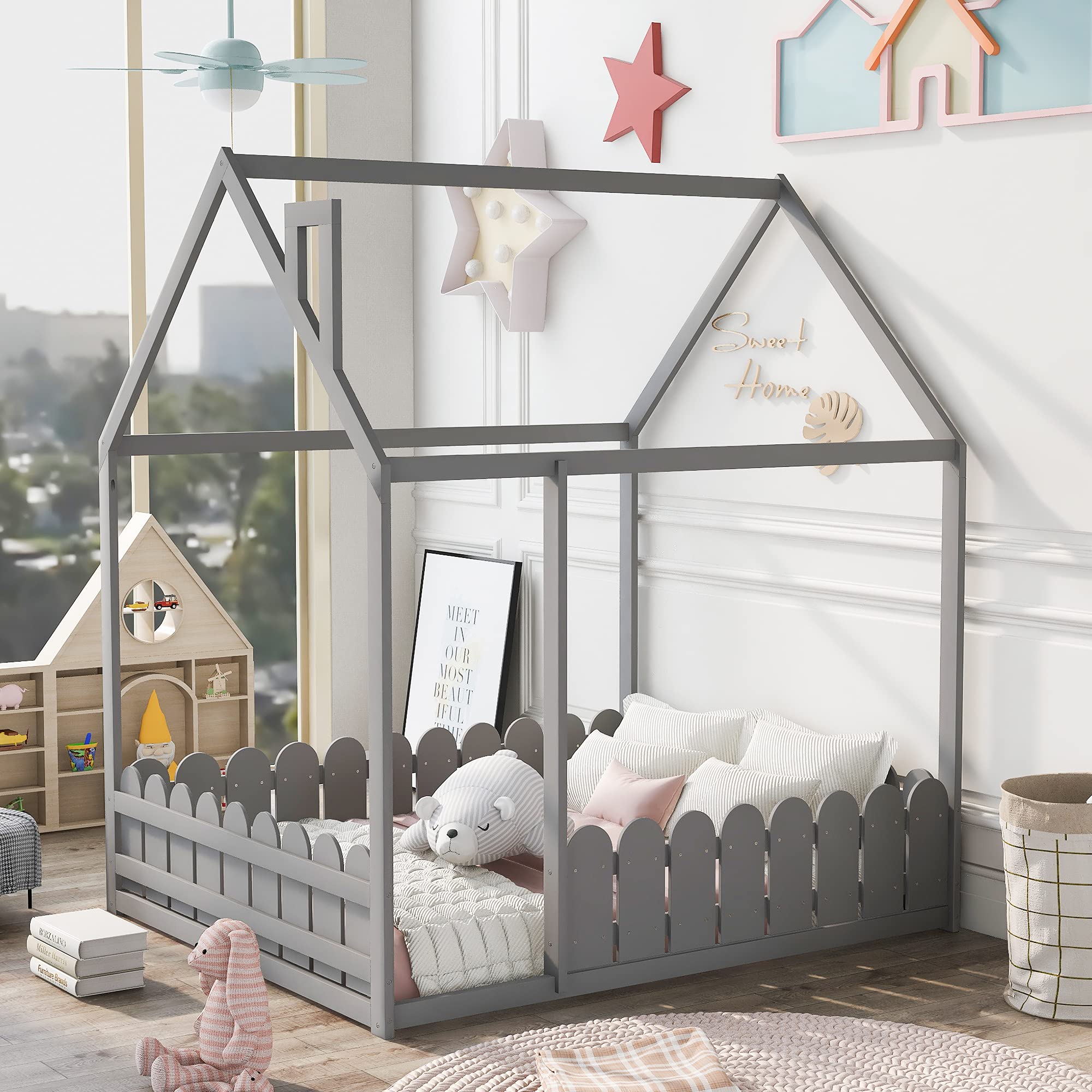 **Quarte House Full Size Wood Floor Bed Frame for Kids - Sturdy Cabin Bed with Roof & Fence, High Weight Capacity, Gray - Perfect for Playrooms, Bedrooms & Montessori Spaces**
