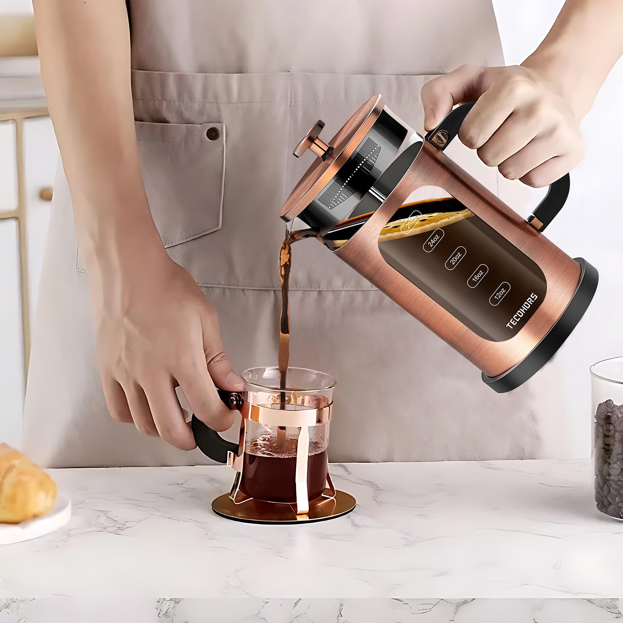 Premium 34oz French Press Coffee Maker - 304 Stainless Steel with 4 Filters, Heat-Resistant Borosilicate Glass - Perfect for Home, Office & Camping Coffee Brewing (Copper)