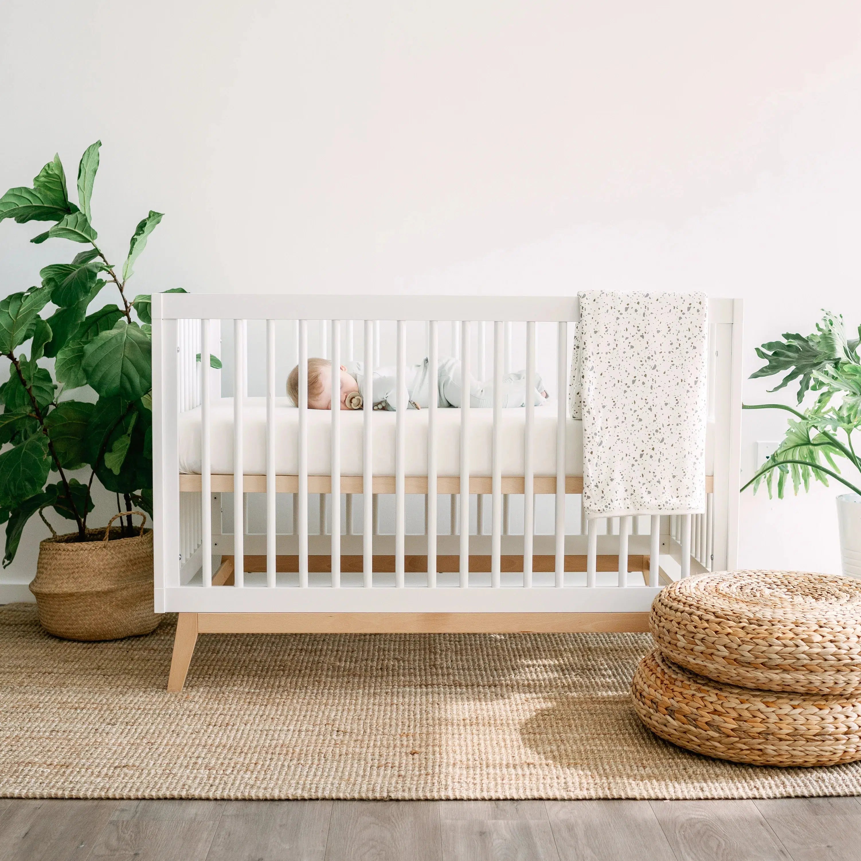 Soho 3-in-1 Convertible Baby Crib - White & Natural Finish - Nursery Furniture for Newborns to Toddlers - Perfect for Small Spaces & Modern Nurseries