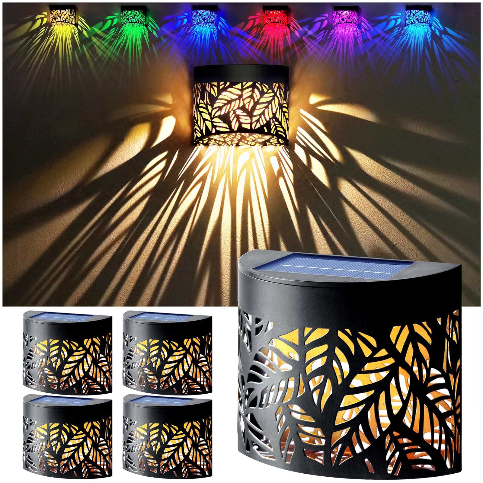 DenicMic 4 Pack Solar Wall Lights Outdoor - Waterproof LED Deck Lighting for Patio, Pool, Steps & Front Door - Metal Leaf Fence Decoration with Warm White & Color Changing - Perfect for Garden, Pathway & Landscape Lighting