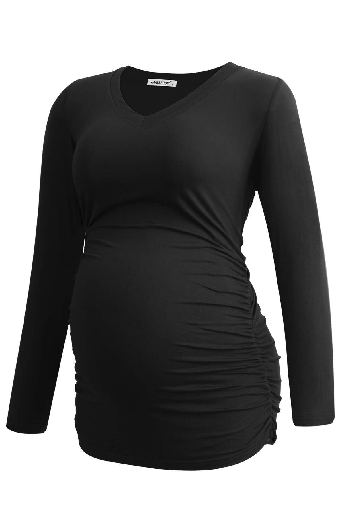 Smallshow Women's V-Neck Maternity Shirt - Soft Long Sleeve Ruched Pregnancy Top for Comfort & Style | Perfect for Work, Casual Wear & Maternity Photos