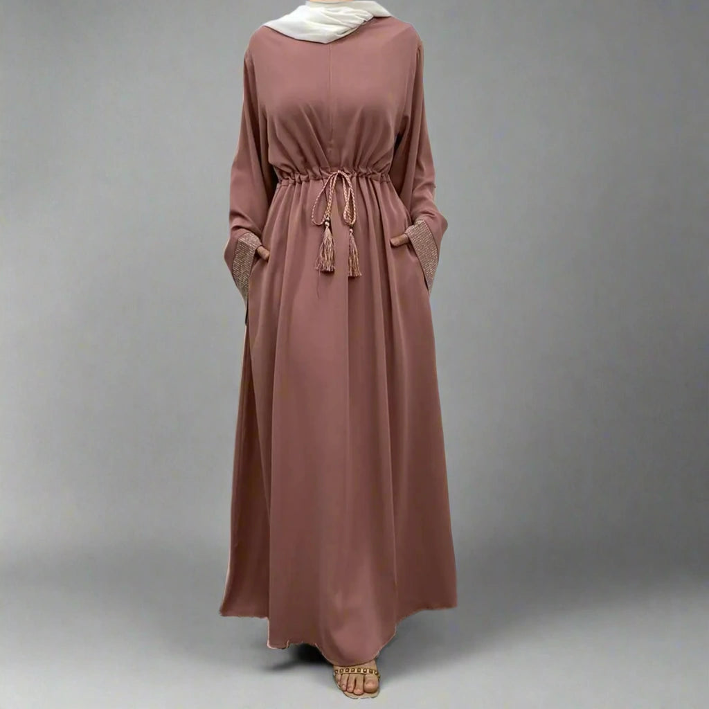 Hotfix Rhinestone Cuff Abaya Dress with Pockets - Elegant Muslim Women's Islamic Clothing for Parties, Weddings & Special Occasions