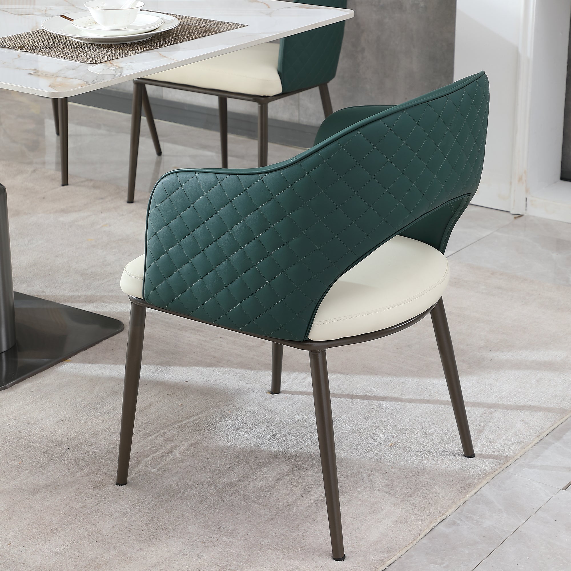 Modern Faux Leather Dining Chairs Set of 2 - Metal Legs, Green Upholstered Kitchen & Dining Room Chairs for Home, Restaurant, or Office Use