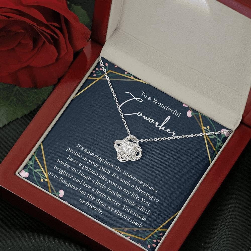 Personalized Love Knot Necklace - Handmade Jewelry Gift for Coworkers Farewell, Women's Going Away Present in White & Gold, Custom Sizes - Perfect for Office Goodbyes & Special Occasions