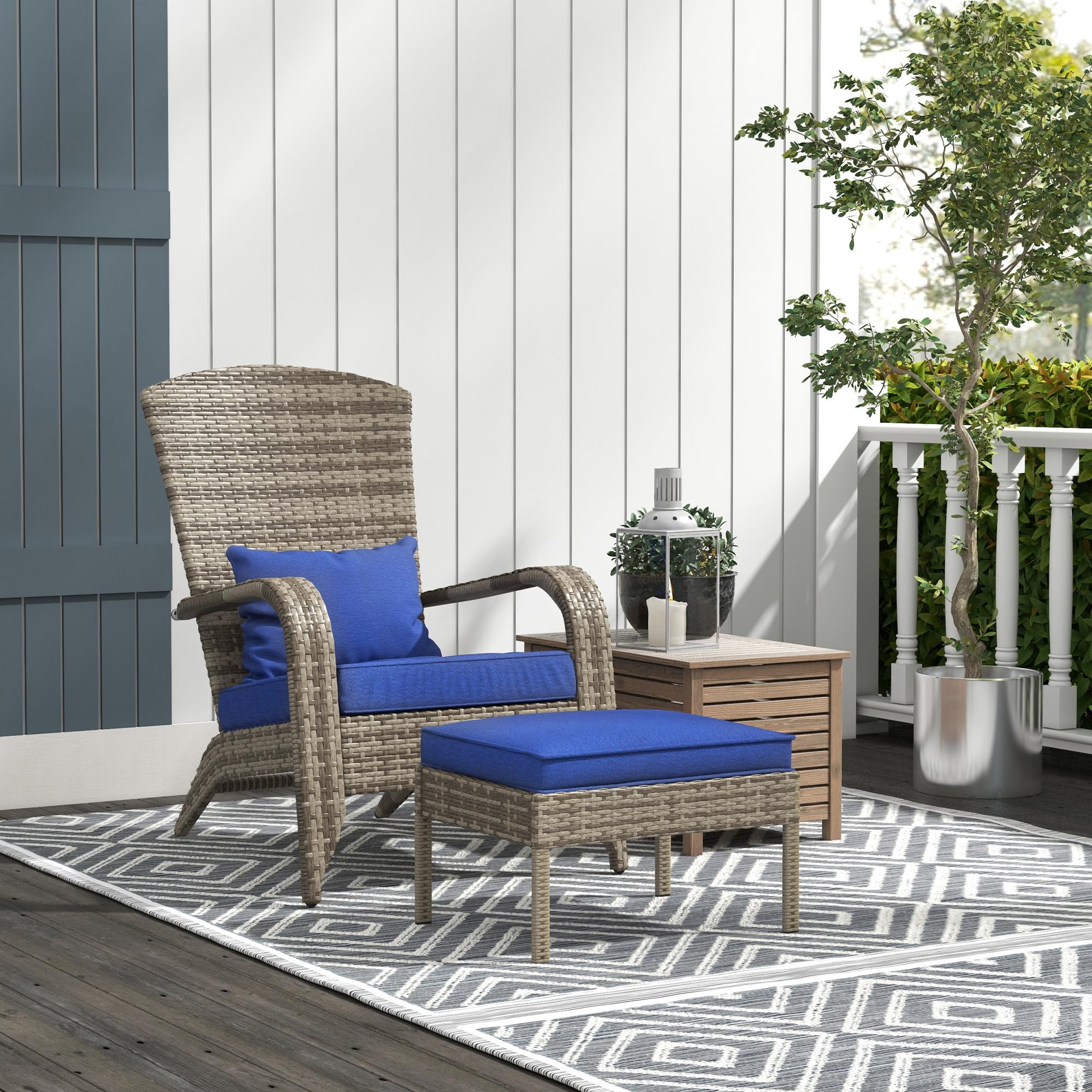 Outsunny Dark Blue Wicker Adirondack Chair with Ottoman & Cushions - High-Back Outdoor Patio Furniture with Large Seat & Armrests - Perfect for Deck, Garden, Backyard & Fire Pit Relaxation