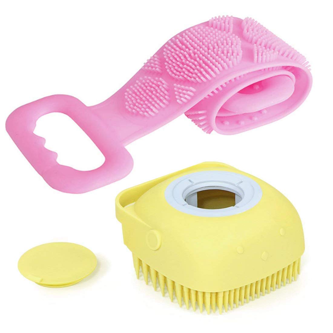 1 PC Silicone Body Bath Back Scrubber & 1 PC Body Bath Brush Set - Soft Exfoliating Skin Massage Brush with Shampoo Dispenser for Shower & Bathroom Accessories (Random Color) - Perfect for Deep Cleaning, Exfoliation & Relaxing Spa Experience at Home