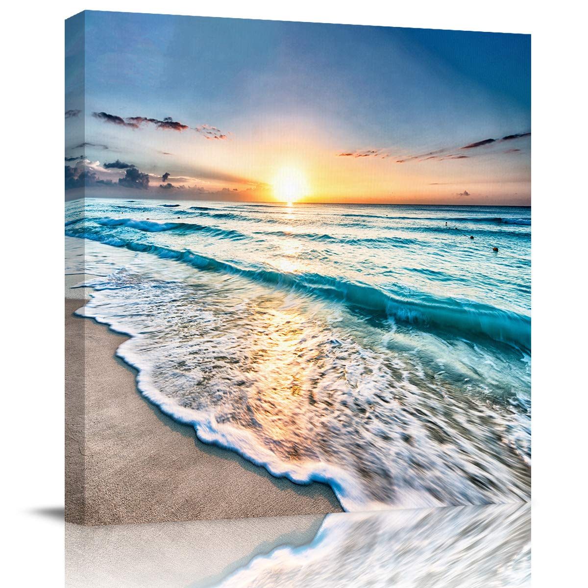 Stretched Canvas Wall Art - 12x12 Inch Framed Beach Wave Painting, Hawaiian Sunrise Ocean Decor for Living Room, Bedroom & Office | Ready to Hang Modern Home Artwork | Perfect for Coastal, Boho & Minimalist Interior Design