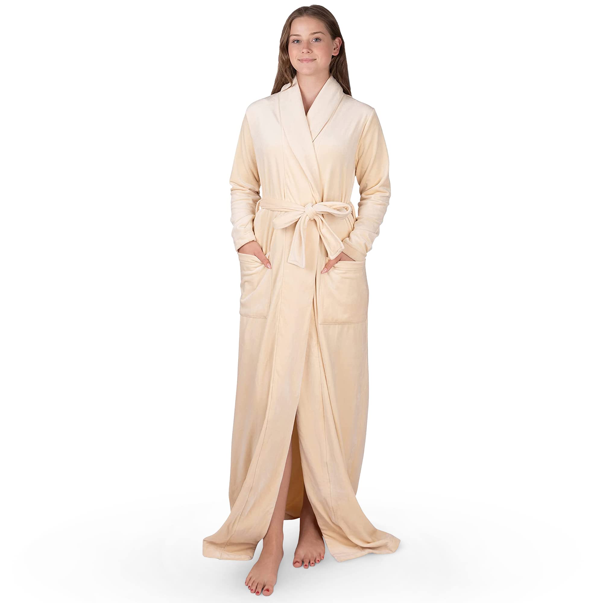 BE RELAX Women's Velour Kimono Bathrobe - Soft & Stretchable Polyester Spandex Robe with Belt & Side Pockets - Perfect for Spa, Lounge & Home Relaxation