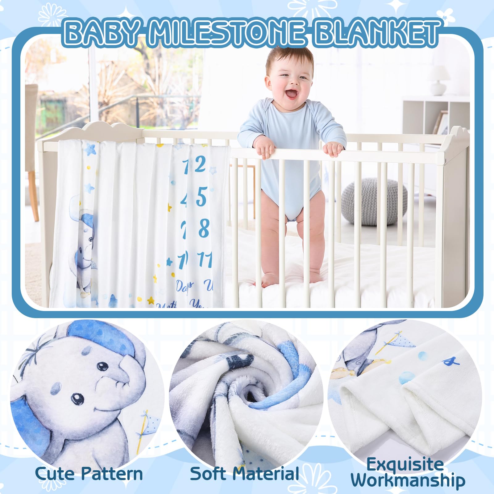 Elephant Baby Milestone Blanket for Newborn Photography - Soft Growth Blanket with Wooden Signs & Frames for Boys & Girls | Perfect for Monthly Photo Shoots, First Birthday & Nursery Decor