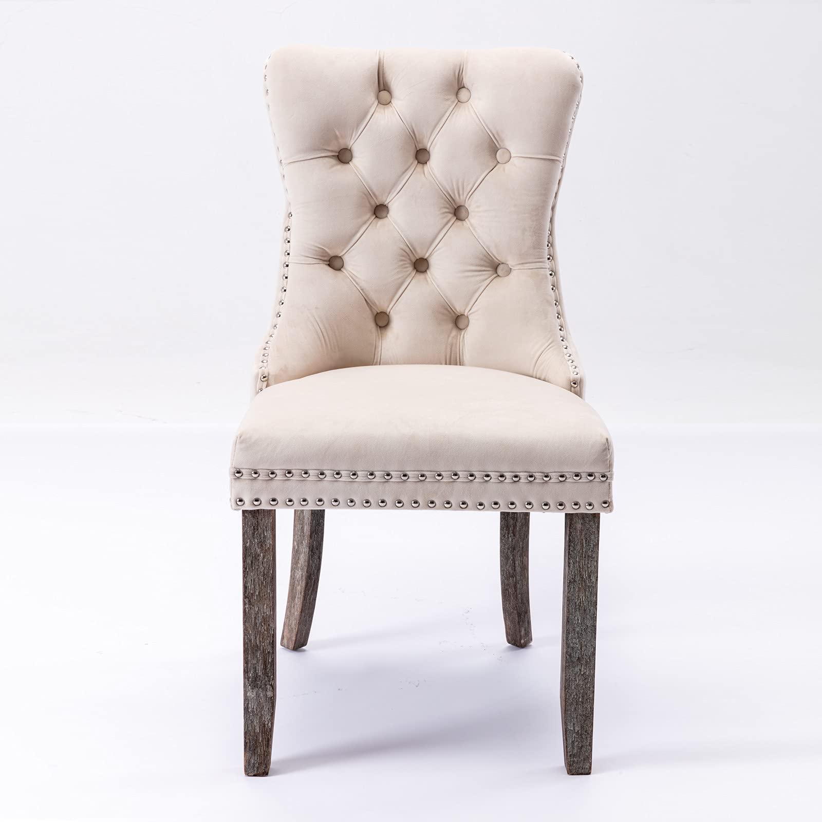 2 Pack Velvet Upholstered Dining Chairs - Solid Wood Tufted Back with Nailhead Trim & Ring Pull - Comfortable Padded Seating for Kitchen, Dining Room & Living Room - Elegant Beige Home Decor (Perfect for Small Spaces & Apartment Dining)