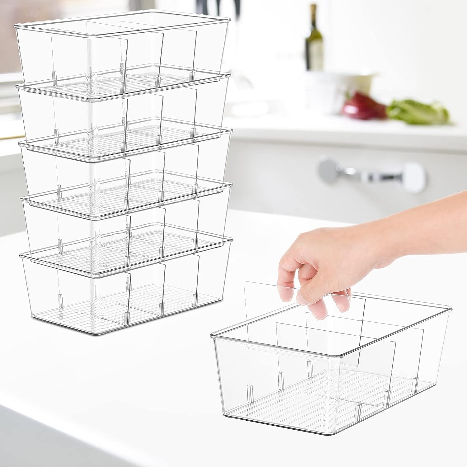 7 Pack Clear Pantry Organizer Bins with Removable Dividers - Stackable Kitchen Storage Containers for Snacks, Spices & Pouches - Perfect for Fridge, Cabinet & Pantry Organization (Space Saving Solution)