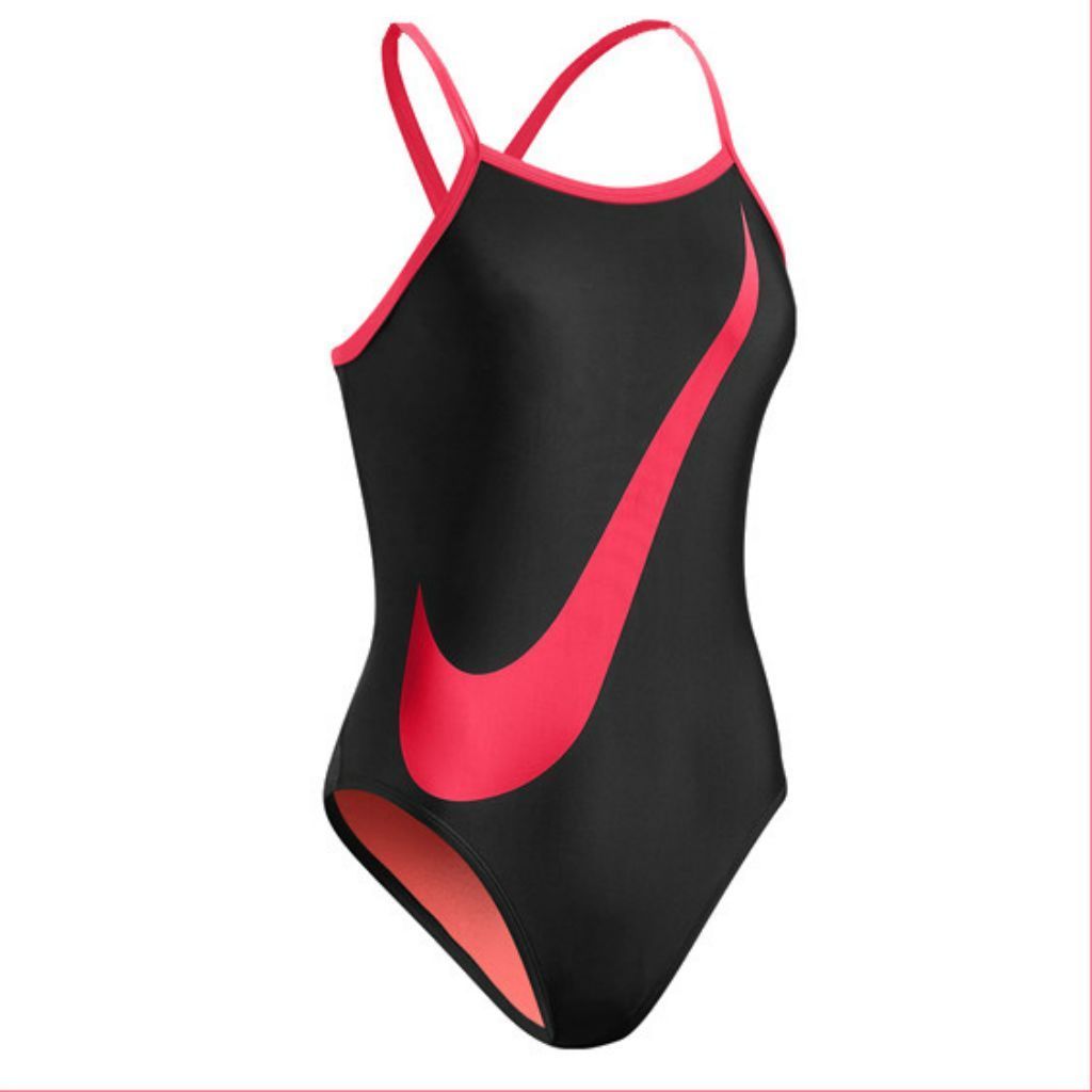 Nike Big Swoosh Women's One-Piece Swimsuit - Black & Pink | High Waist Bathing Suit for Swimming, Beach & Summer Vacation