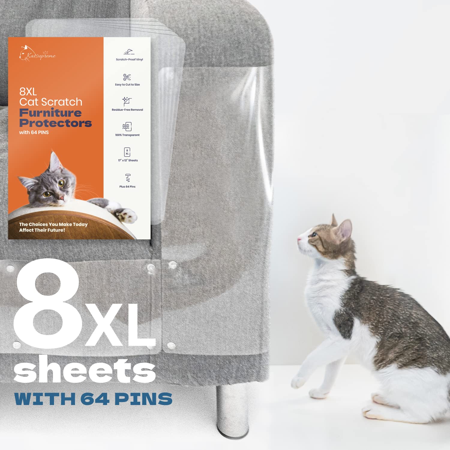KatSupreme Cat Scratch Furniture Protector - XL 8-Pack with 64 Pins for Couches, Sofas & Furniture - Durable Cat Scratch Guards to Protect Your Home Decor - Perfect for Pet Owners & Multi-Cat Households