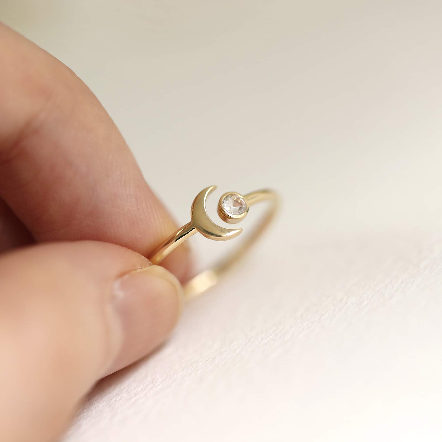 10K 14K Solid Gold Moonstone Open Ring Band - Dainty Unique Stackable Crescent Moon Ring - Natural Moonstone Jewelry for Women - Perfect for Layering, Boho Style & Everyday Wear
