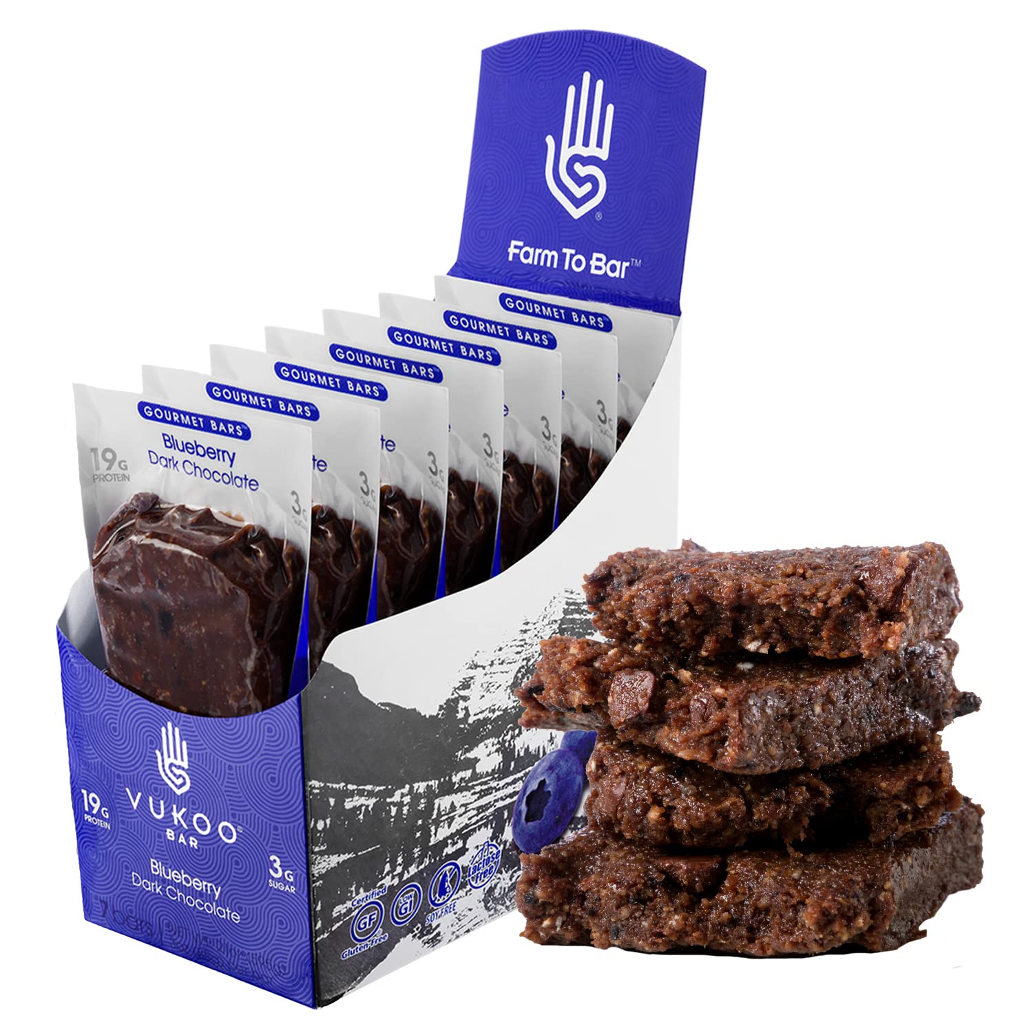 Vukoo Refrigerated Protein Bars - Blueberry Dark Chocolate Flavor (28 Pack) | 19g Protein, Organic Oats, Low Sugar, High Fiber, Gluten Free | Healthy Snack for Workouts, Hiking & On-the-Go Nutrition