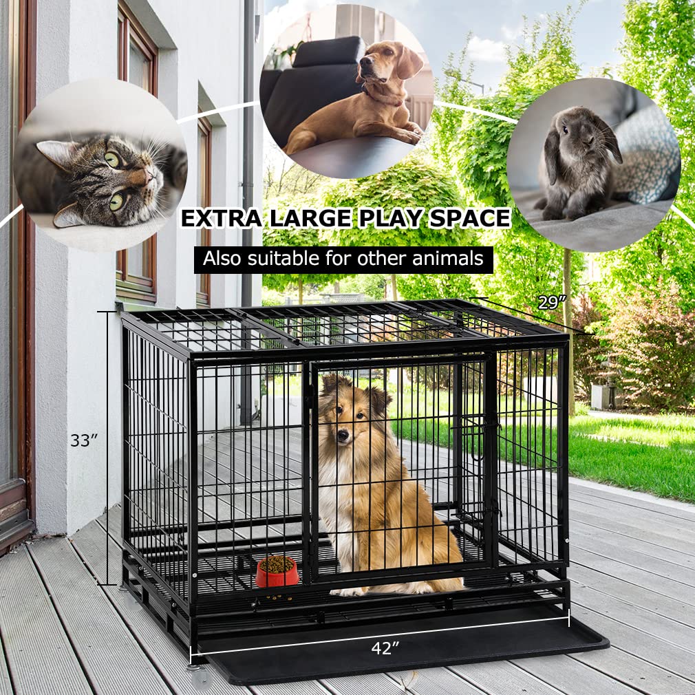 Heavy Duty 42 Inch XL Dog Cage with Wheels & Removable Tray - Double Door Dog Crate for Large Breed Training, Travel & Home Use