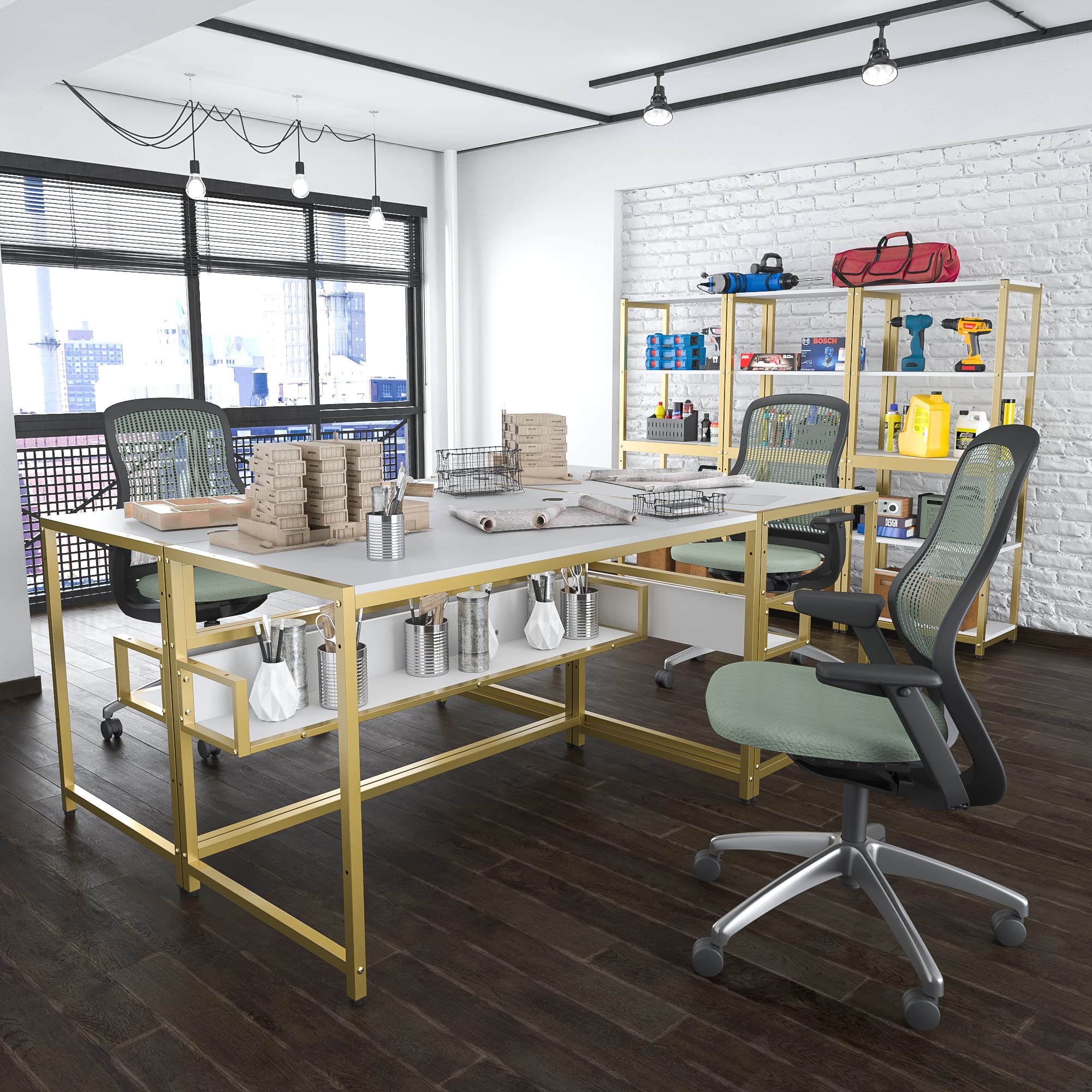 Teraves 49 Inch Computer Desk with 5 Tier Shelves - Reversible Writing Desk with Storage, Home Office Study Table & Bookcase Combo (White & Gold Frame) - Perfect for Small Spaces, Gaming Setup, Remote Work & Student Dorm Rooms