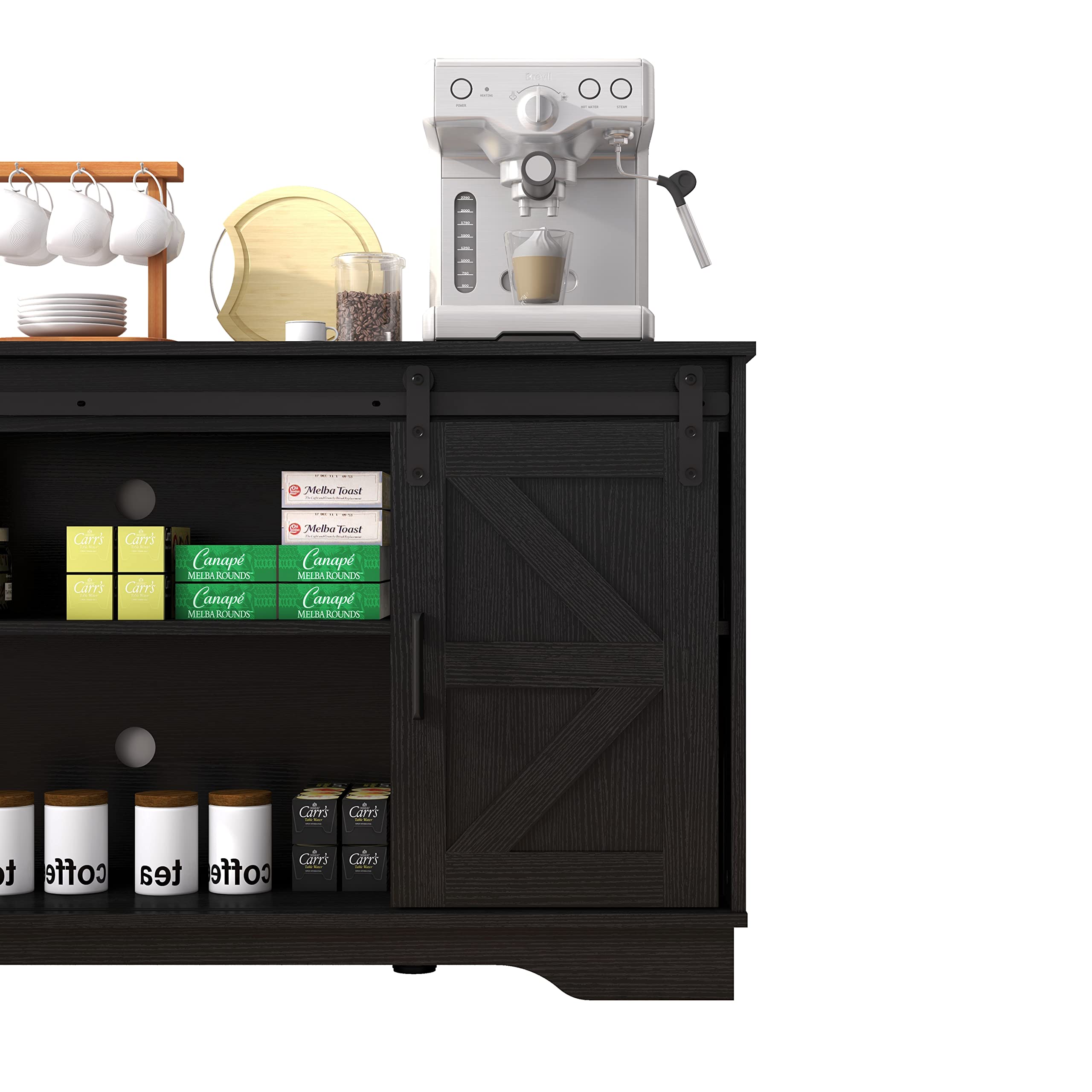 Panana Bar Cabinet with Barn 2 Sliding Doors - Farmhouse Style Buffet Storage Cabinet & TV Stand in Black - Perfect for Living Room, Dining Room, or Home Bar Setup