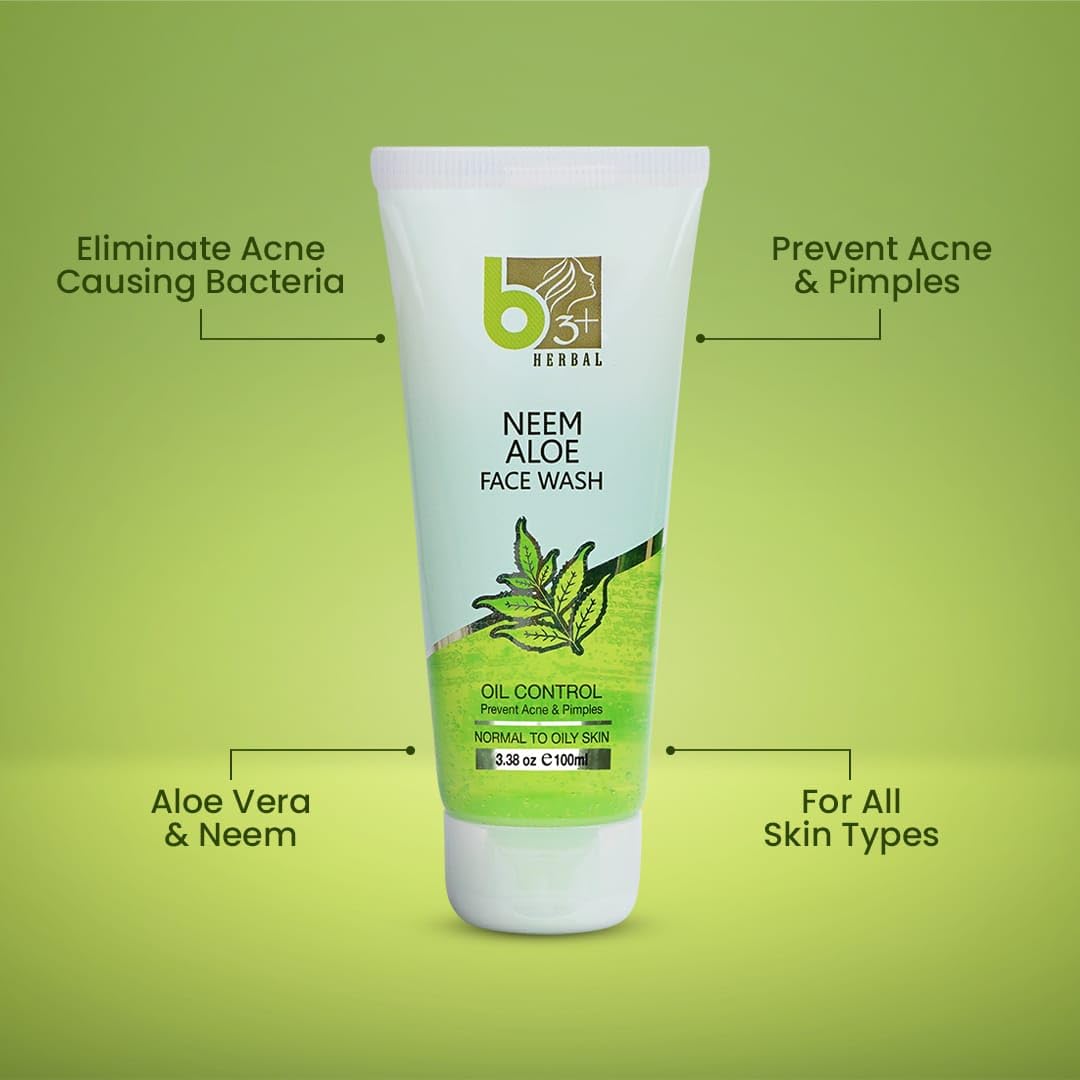 B3+ Herbal Neem & Aloe Face Wash for Normal to Oily Skin - Acne & Pimple Control Treatment - Pack of 2 - Gentle Daily Cleanser for Clear, Healthy Skin - Perfect for Morning & Night Skincare Routine
