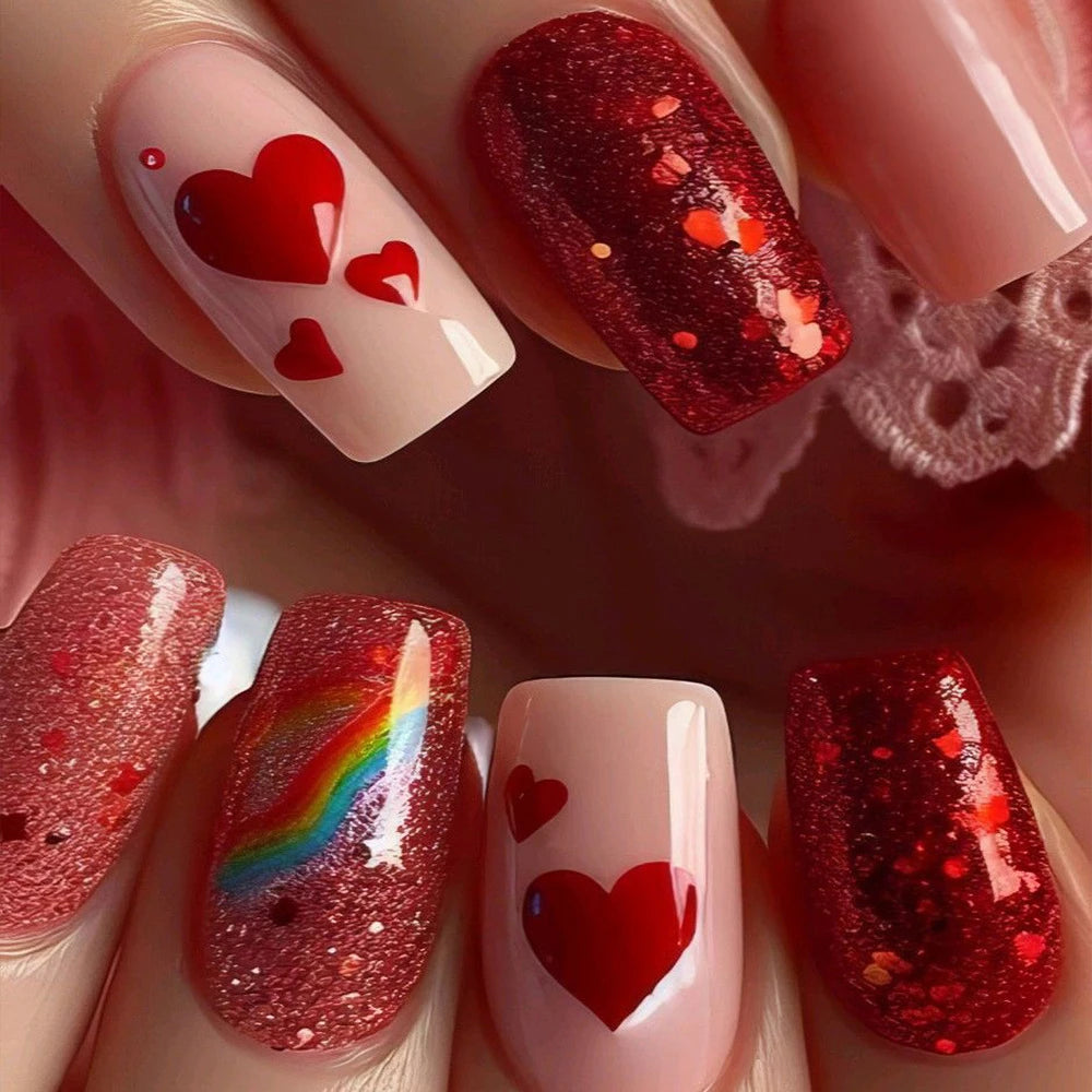 24Pc Square French Fake Nails with Heart Love Designs - Glossy White & Pink Press on Nails | Full Cover False Nails for Valentine's Day | Perfect for Parties, Weddings & Special Occasions
