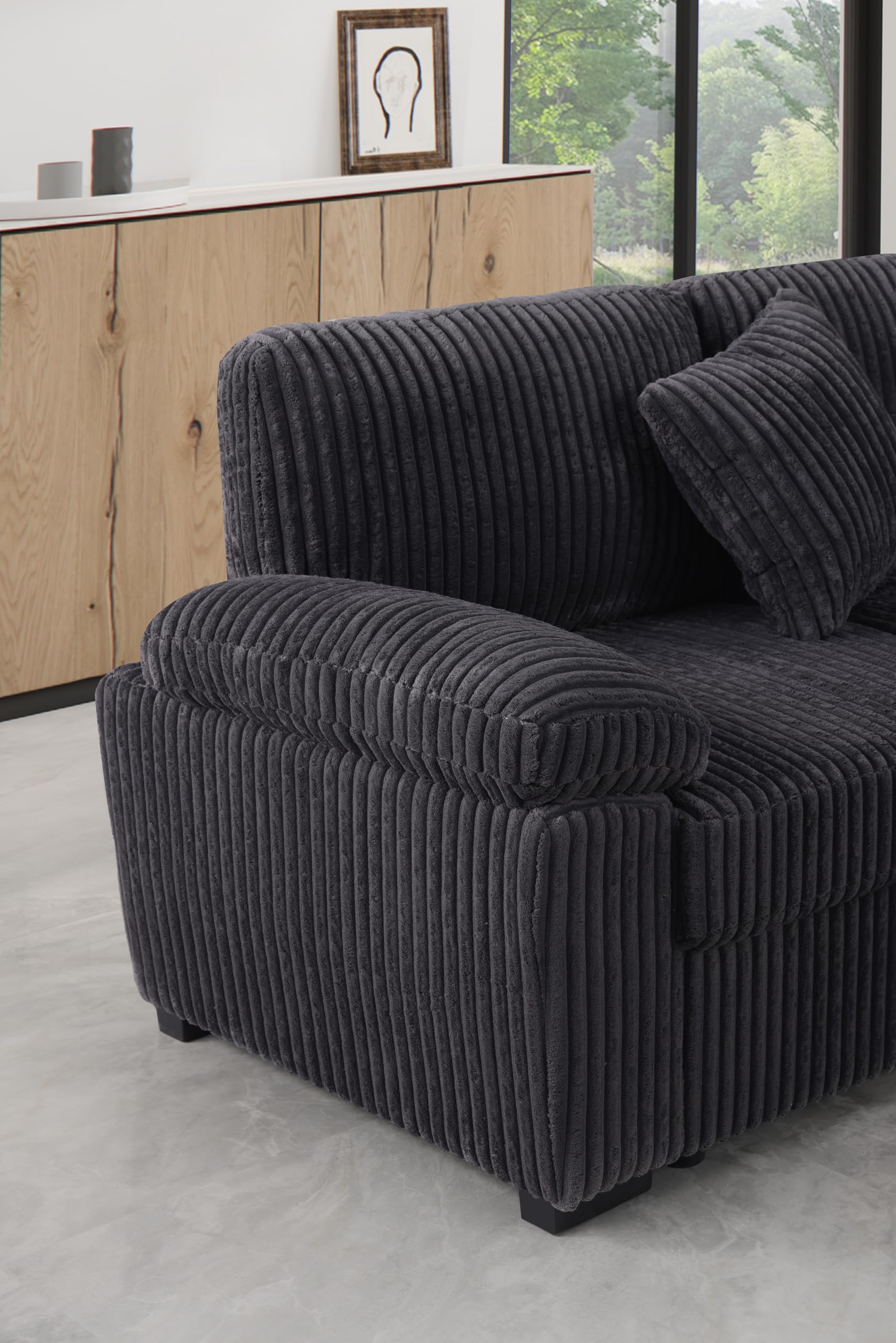 Modern Oversized U-Shaped Sectional Sofa with Pull-Out Sleeper Bed & Storage Chaise - Fluffy Corduroy Convertible Couch with Pillow-Top Armrests for Living Room, Family Room & Small Space Apartments