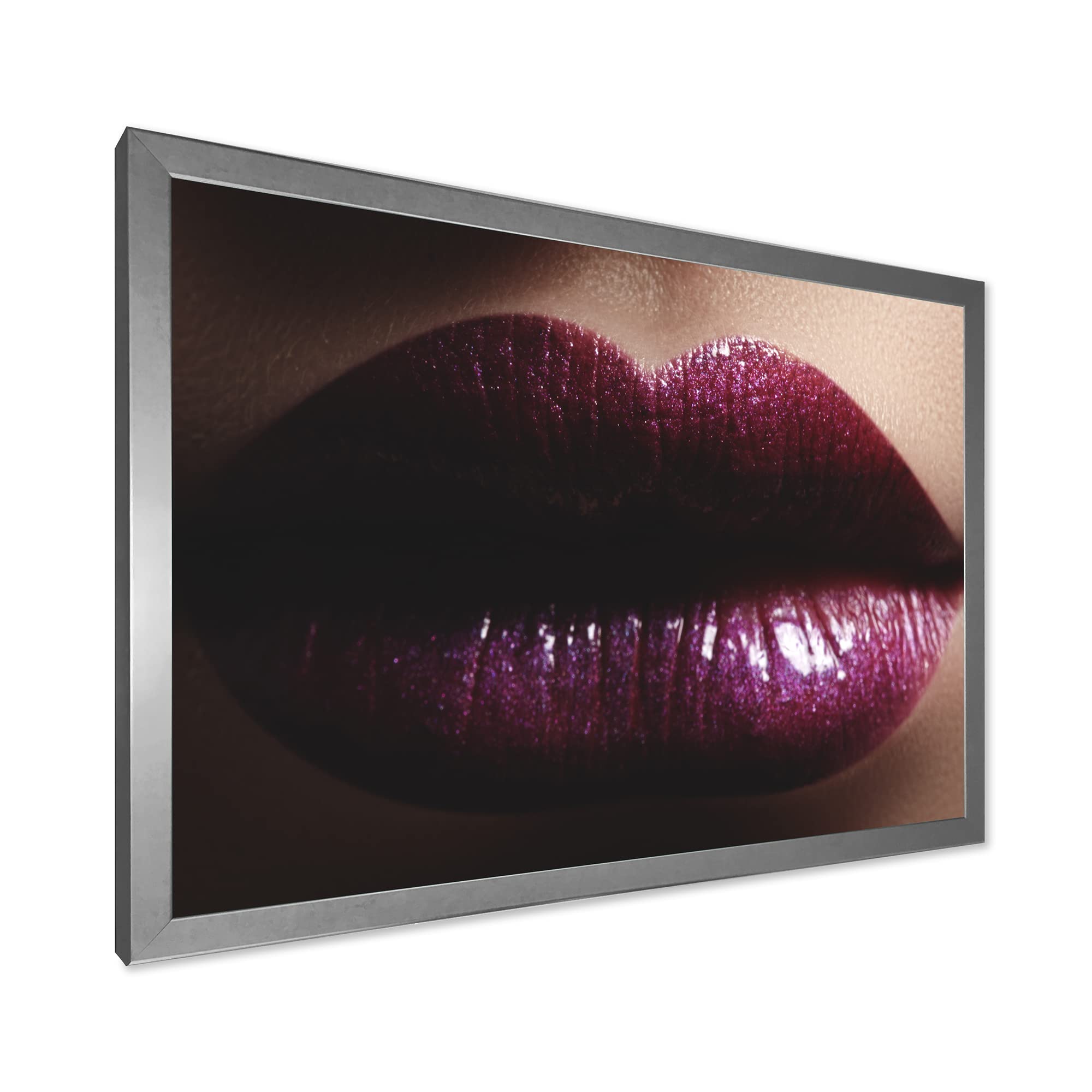 DesignQ Glittery Plump Lips Modern Framed Wall Art - Glamorous Home Decor for Living Room, Bedroom & Office