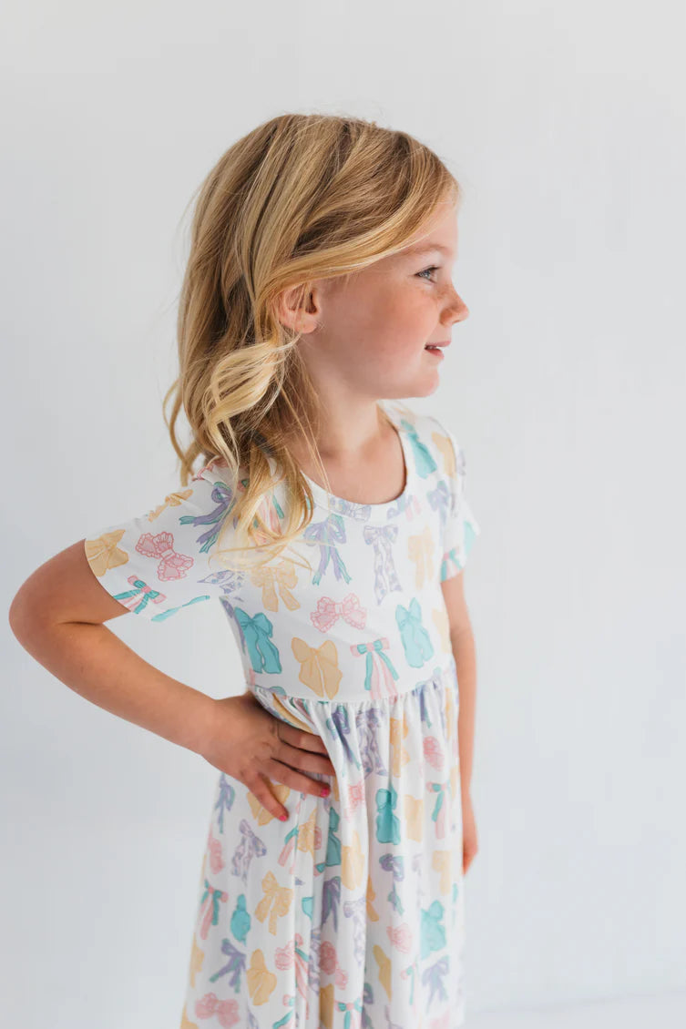 Pastel Bows Short Sleeve Twirl Dress for Girls - Floral Print Summer Party Outfit | Perfect for Birthday, Easter, Photoshoot & Special Occasions
