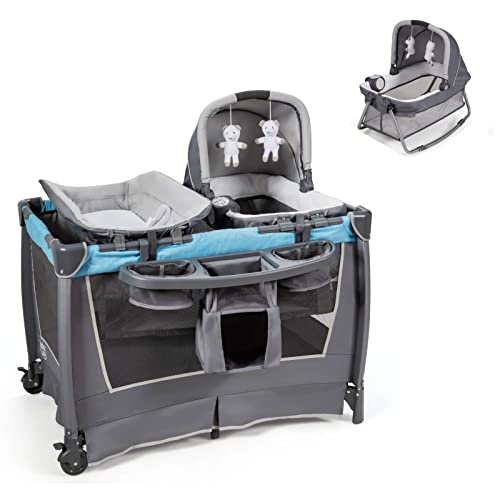 HONEY JOY 4-in-1 Baby Playard with Bassinet & Diaper Changer | Portable Playpen with Built-in Storage, Music & Carry Bag | Extra Large Toddler Play Yard for Girls & Boys (Blue) | Perfect for Nursery, Travel & Indoor Playtime