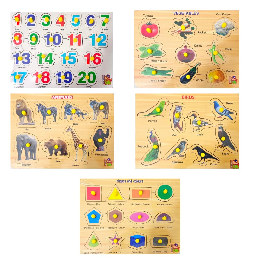 5-Piece Wooden Learning Puzzle Set for Kids & Adults - Numbers 1-20, Vegetables, Shapes, Birds, Wild Animals - Educational Wooden Toys for Toddlers 3+ and Jigsaw Puzzles for Family Game Night