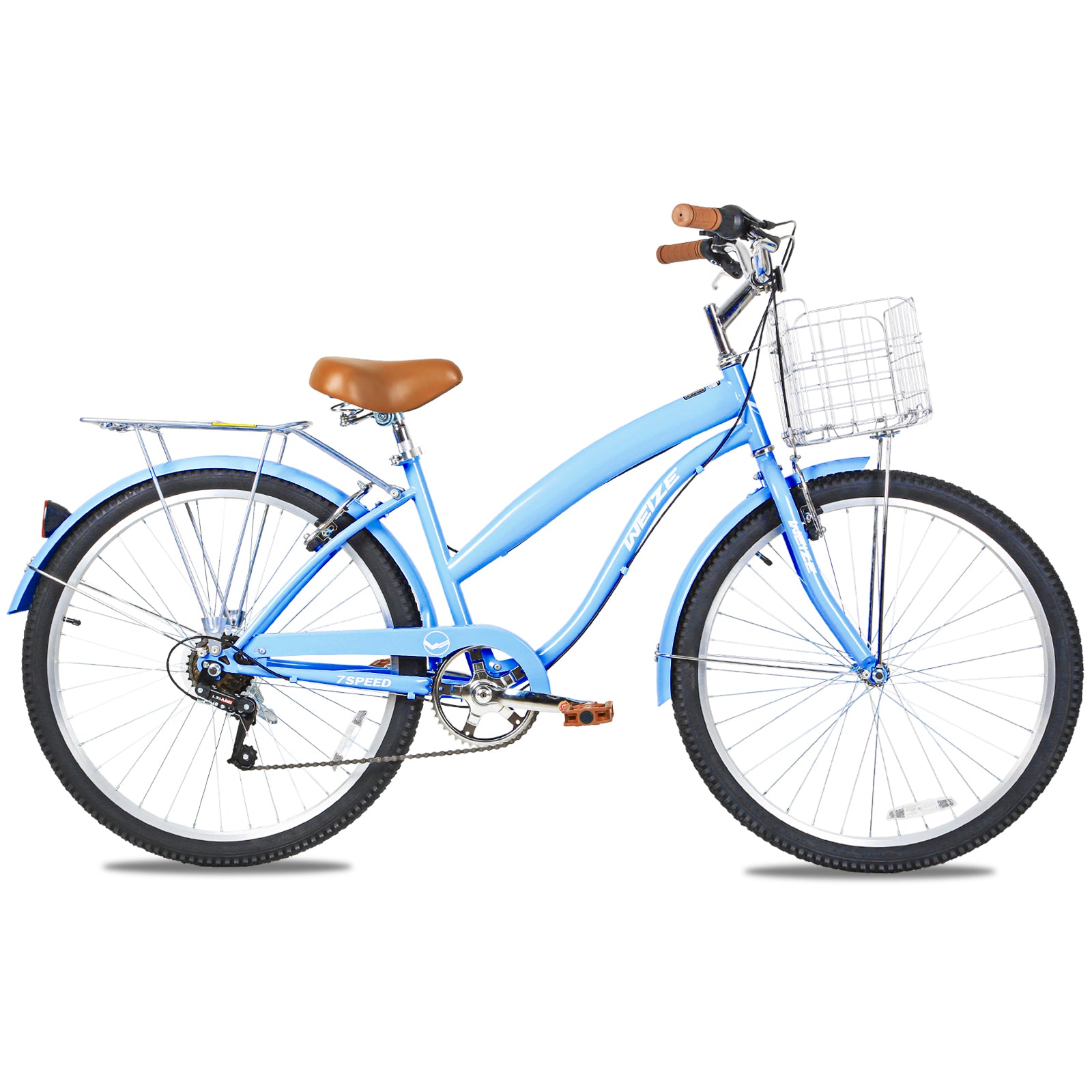 WEIZE 26 Inch Blue Beach Cruiser Bike for Adults - 7 Speed Comfortable Commuter Bicycle with Padded Seat - Perfect for Beach Rides, City Commuting & Leisure Cycling