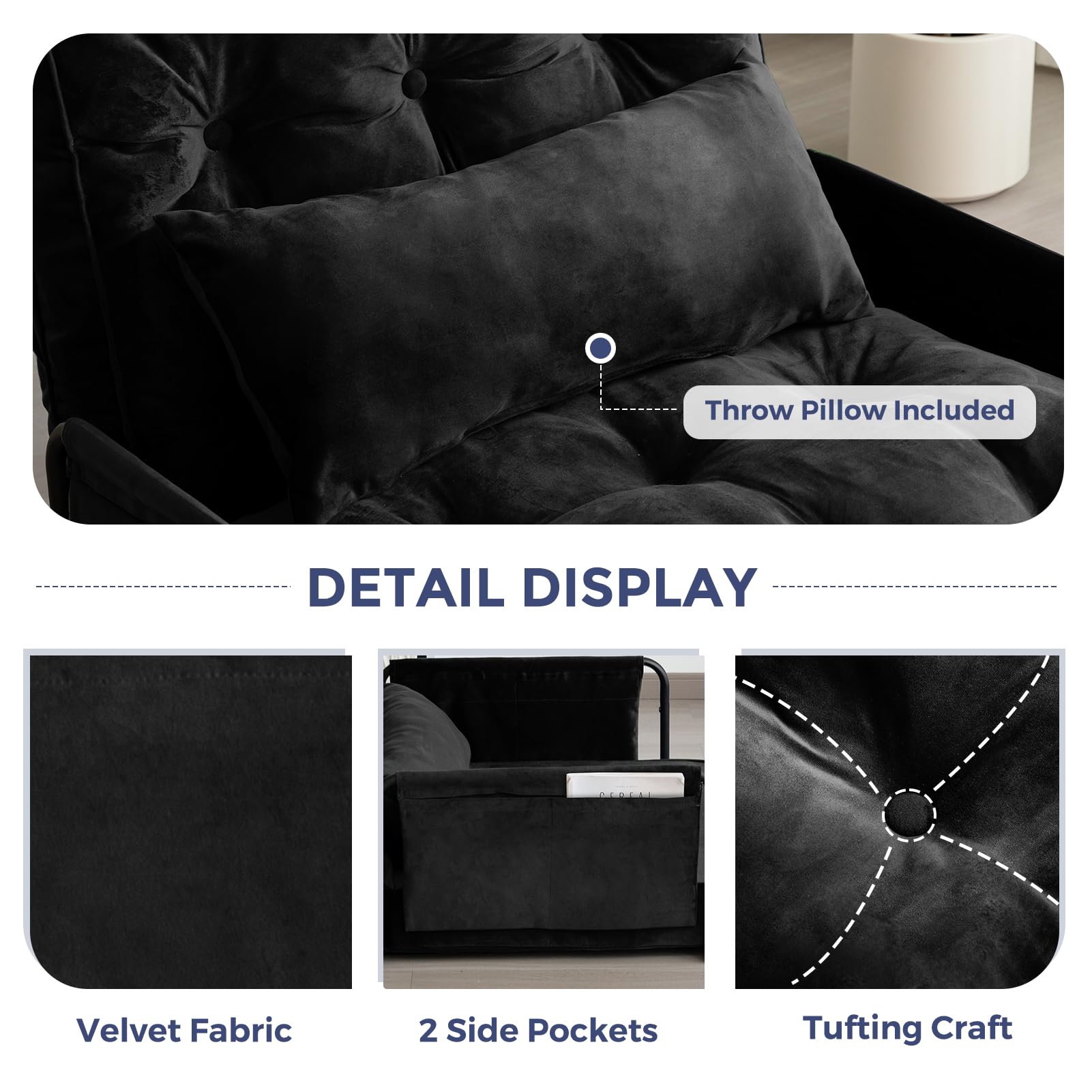 MAXYOYO Adjustable Floor Sofa Bed - Velvet Convertible Lazy Couch with Pillow & Armrests, Single Sleeper Sofa for Small Spaces (Black) | Perfect for Living Rooms, Dorms, Apartments & Guest Beds