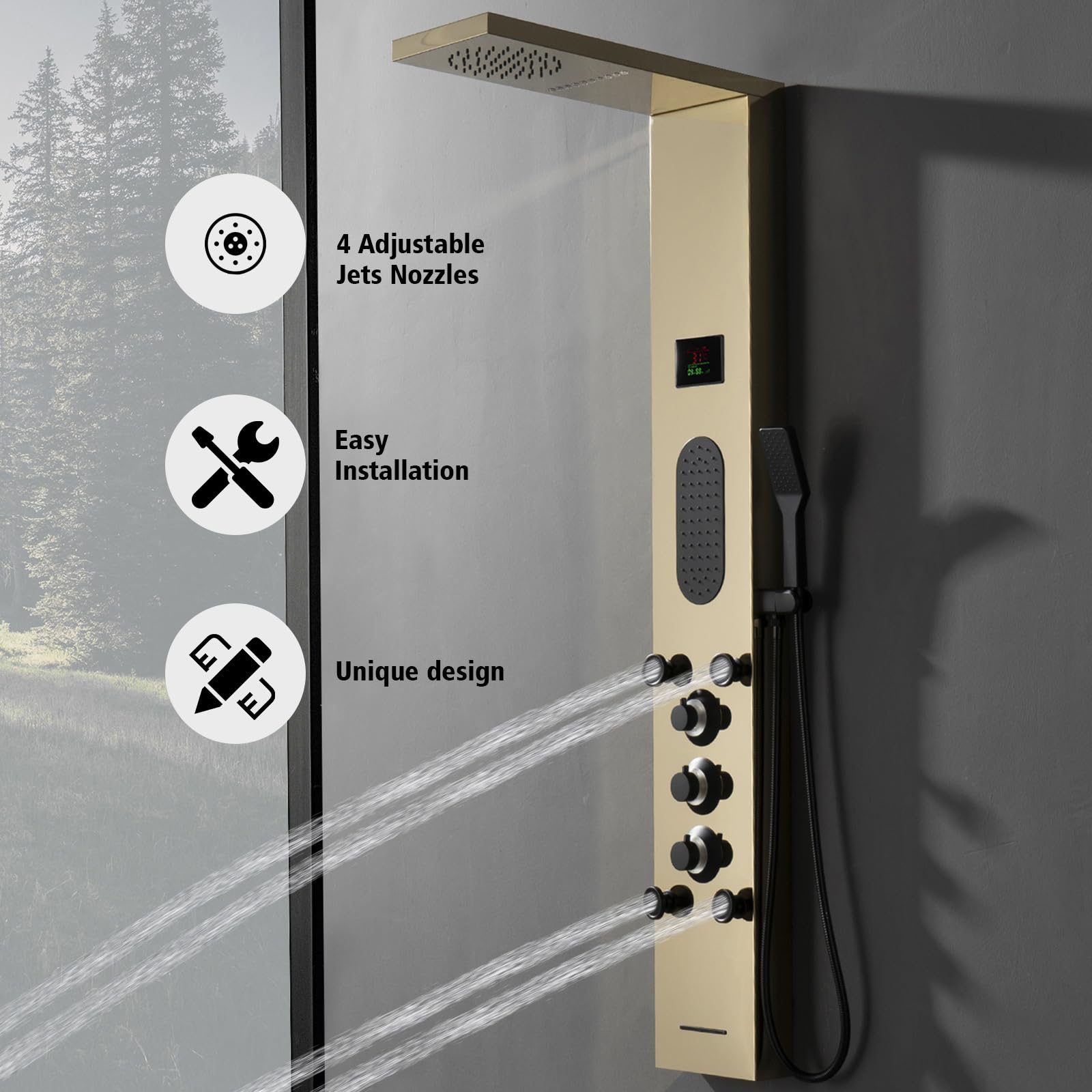 BWE Polished Gold LED Shower Tower System - Rainfall Shower Head with Massage Jets & Temperature Display - Stainless Steel Bathroom Fixtures for Spa-Like Luxury Shower Experience