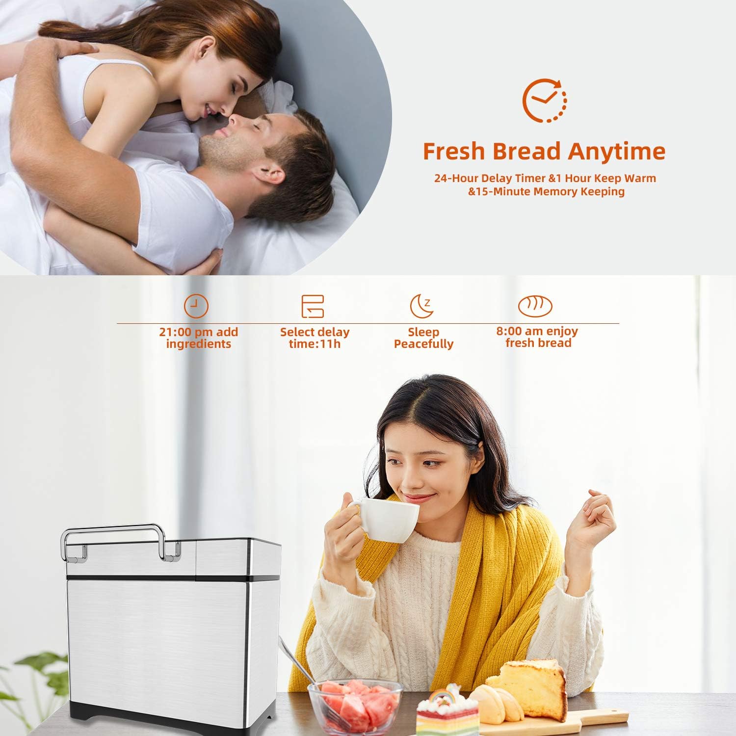 **KBS 17-in-1 Bread Maker Machine - 2LB Stainless Steel Bread Machine with Fruit Nut Dispenser, Nonstick Ceramic Pan, Digital Touch Panel, 710W, 15-Hour Timer, 1-Hour Keep Warm - 3 Sizes & 3 Colors - Perfect for Homemade Bread, Gluten-Free Baking & Family Breakfasts**