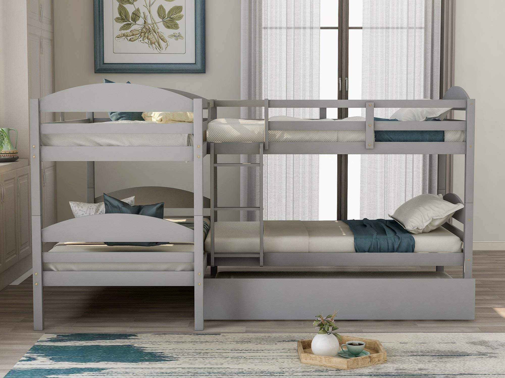 **Danxee Twin L-Shaped Corner Bunk Bed & Loft Bed with Trundle – Solid Wood Twin Bunk Bed with Guardrail – 5-in-1 Space-Saving Kids Bedroom Furniture (Gray) – Perfect for Small Rooms, Shared Kids' Bedrooms & Guest Rooms**