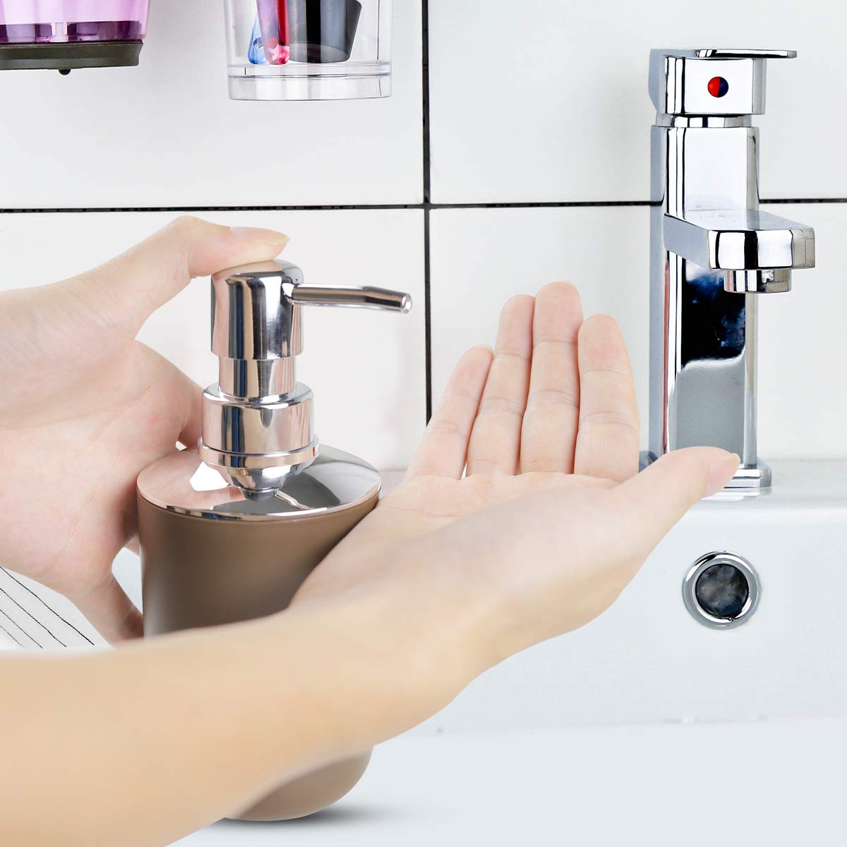 6-Piece Bathroom Accessories Set - Plastic Soap Dispenser, Toothbrush Holder, Tumblers, Soap Dish, Trash Can & Toilet Brush with Drawstring Bags (Brown) | Modern Bathroom Organization for Home, Apartment, Dorm & Guest Bath Decor