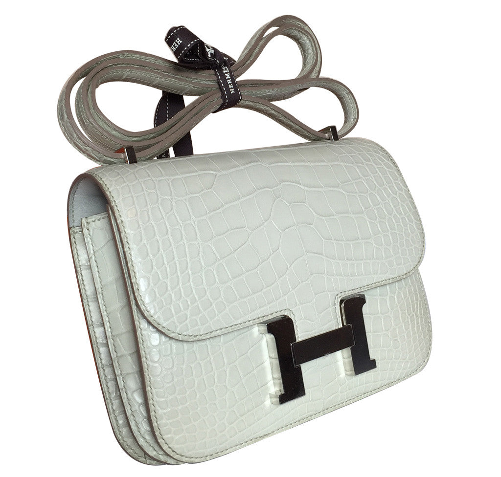 Authentic Hermes Constance 18 Bag in Beton Alligator Leather with Palladium Hardware - Luxury Designer Handbag for Women, Perfect for Parties, Weddings & Special Occasions