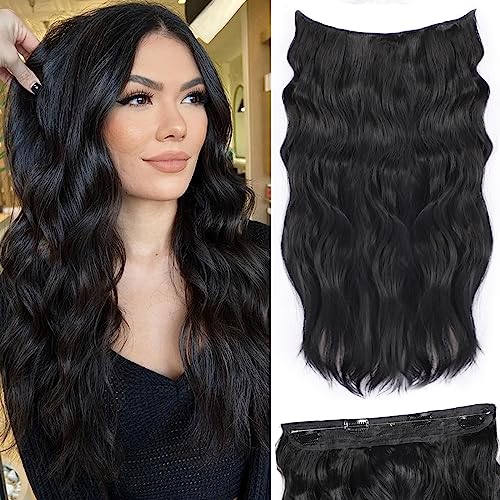 20 Inch Invisible Wire Hair Extension - Adjustable Transparent 4 Secure Clips Synthetic Long Wavy Hairpieces for Women (Black) | Perfect for Parties, Weddings & Daily Styling