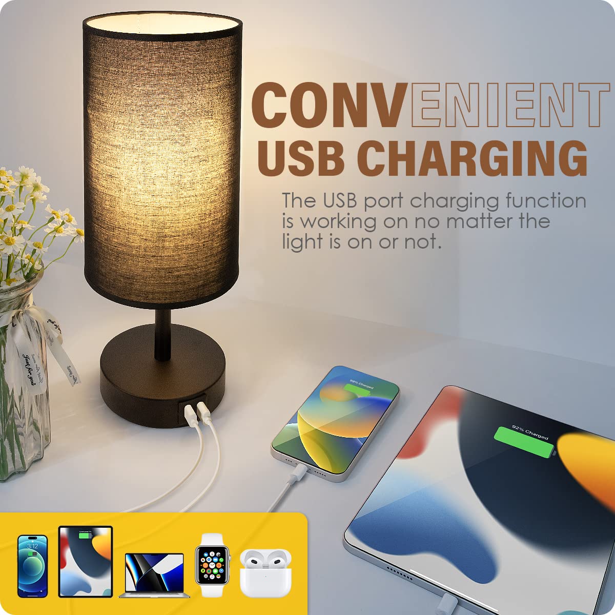 Yarra-Decor Modern Touch Control Bedside Lamp with USB Port - 3-Way Dimmable LED Nightstand Lamp with Black Fabric Shade for Bedroom, Living Room, Home Office & Dorm (Perfect for Reading, Relaxing & Charging Devices)