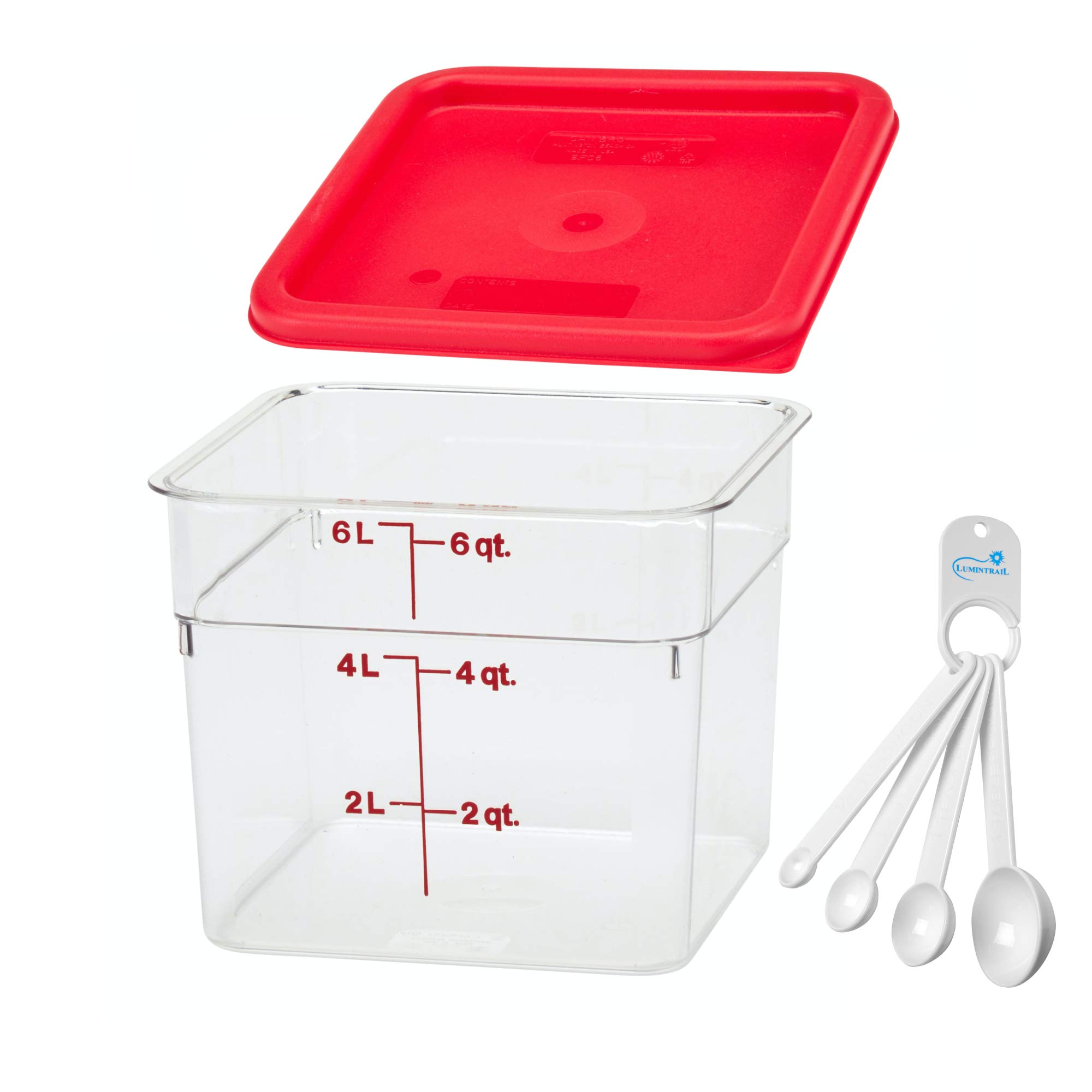 Cambro 6 Quart Square Food Storage Container with Red Lid - Airtight Plastic Food Storage Bin for Kitchen, Meal Prep & Leftovers - Includes Measuring Spoon Set (Great for Restaurants, Catering & Home Use)