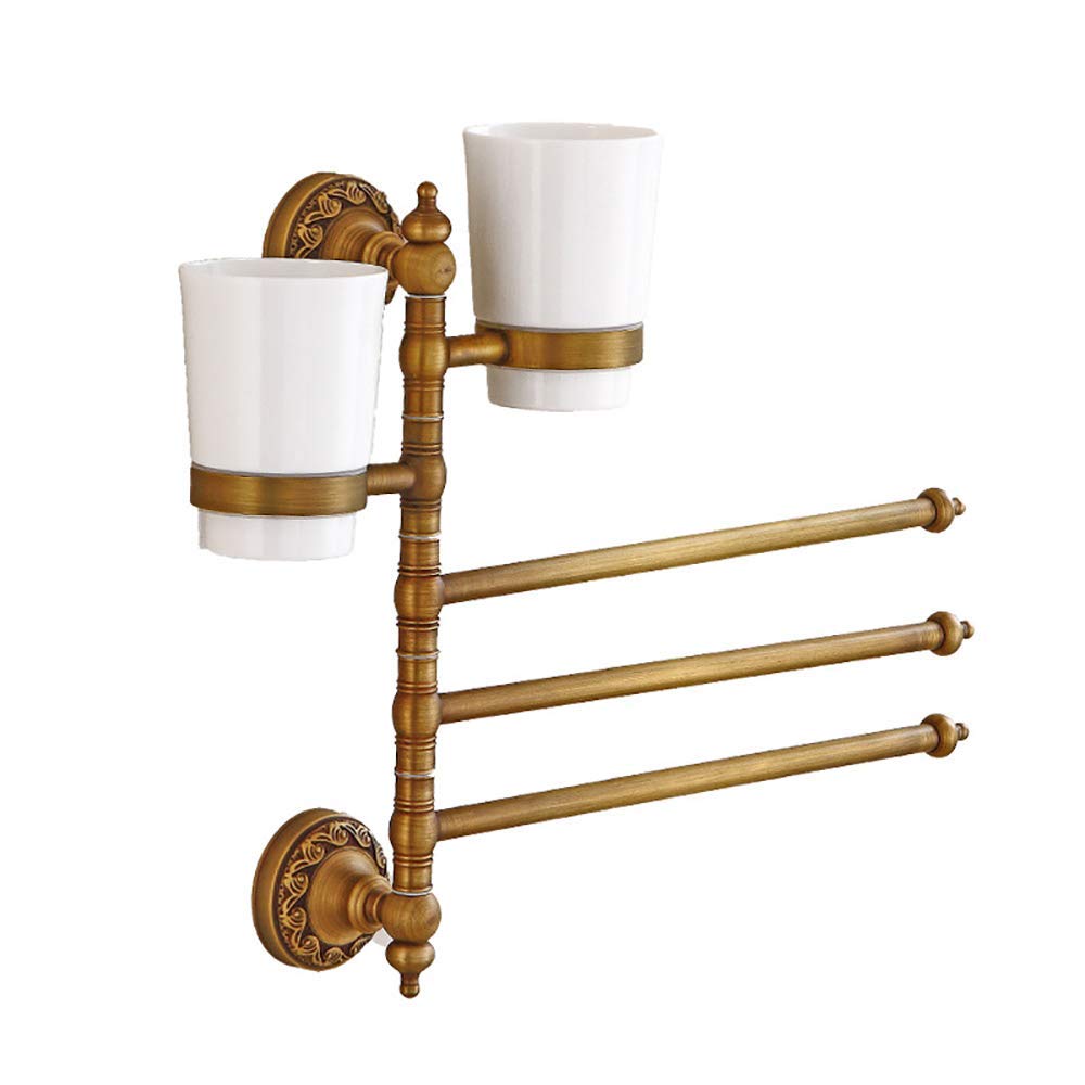 Vintage European Style Wall Mounted Towel Rack with Rotating 3 Bars & 2 Cups - Gold Bathroom Organizer for Towels, Toothbrush & Toothpaste Holder - Perfect for Small Bathrooms, Apartments & Vanity Areas