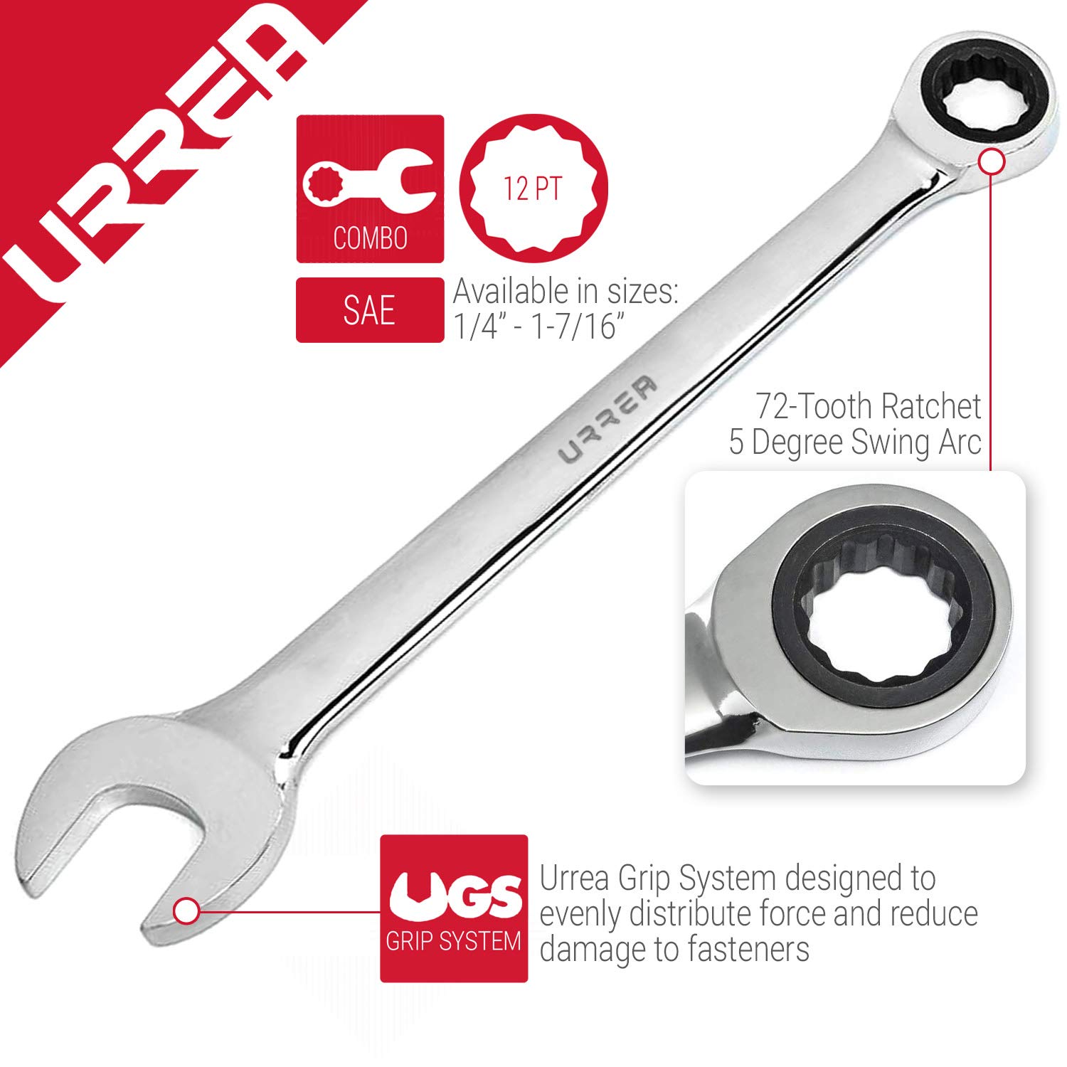 URREA 12-Point Ratcheting Combination Wrench Set - 7-Piece Mechanics Tool Kit with 5° Swing Arc & Polished Nickel Chrome Finish (1200MCM) - Perfect for Automotive Repair, DIY Projects & Professional Mechanics