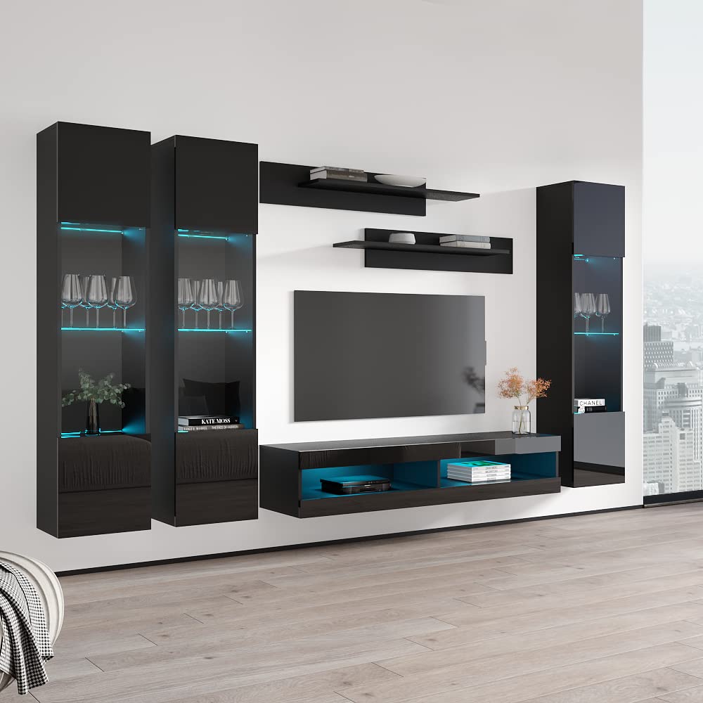 Modern Wall-Mounted TV Stand with Storage Shelves & LED Lights - 34