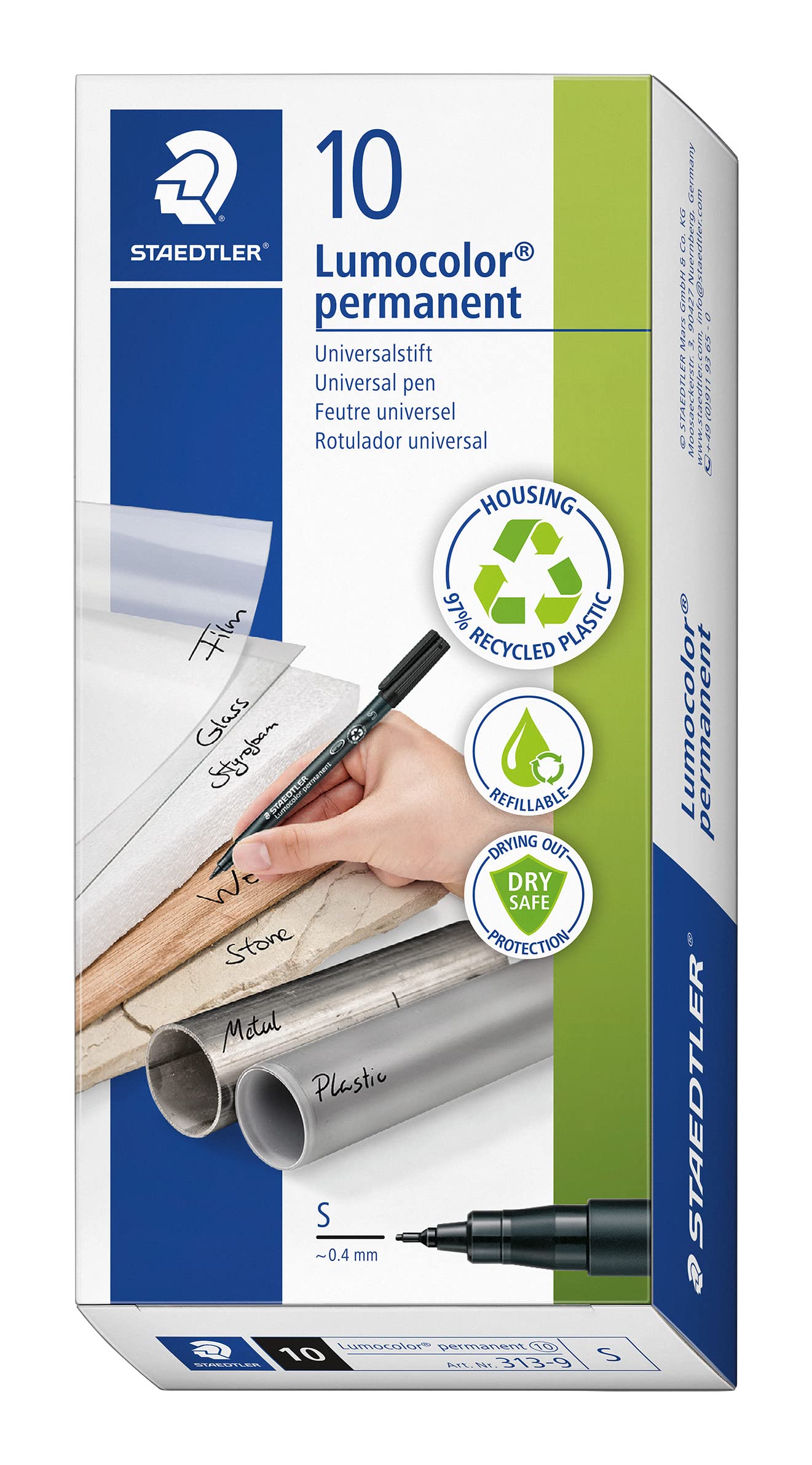Staedtler Lumocolor Permanent Marker Pen - 0.4mm Fine Tip Refillable Black Ink (313-9) - Ideal for Office, School, Art Projects & Labeling