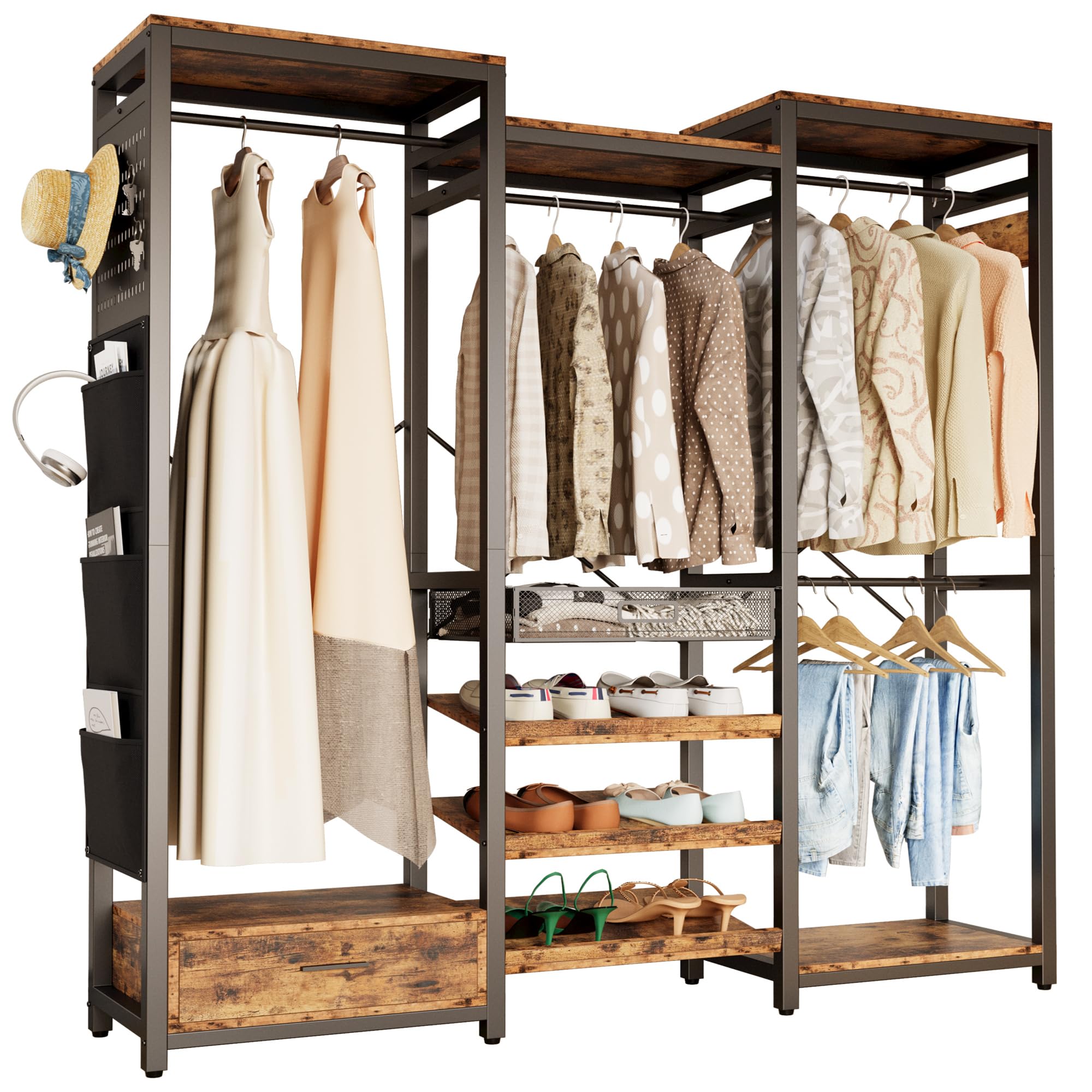 Vintage Brown Heavy Duty Clothes Rack with 3-Tier Shelves for Shoes, 2 Storage Drawers & Hanging Rods - Space Saving Closet Organizer for Bedroom, Laundry Room or Walk-In Closet Storage Solution