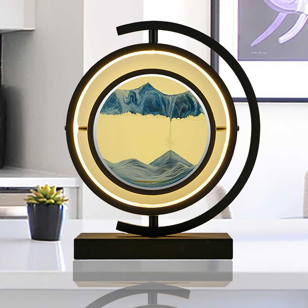 3D Deep Sea Moving Sand Art Picture with LED Light - Round Glass Sandscapes in Motion for Adults & Kids - Large Desktop Decoration for Home, Office, Party Gift & Stress Relief (Relaxing Desk Toy for Work & Meditation)