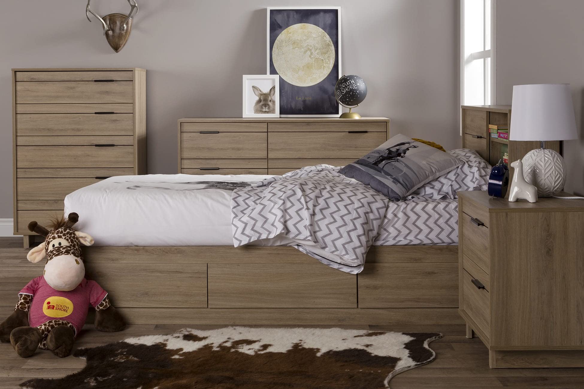 South Shore Fynn Twin Size Headboard with Storage - Rustic Oak Finish for Bedroom Organization & Space Saving