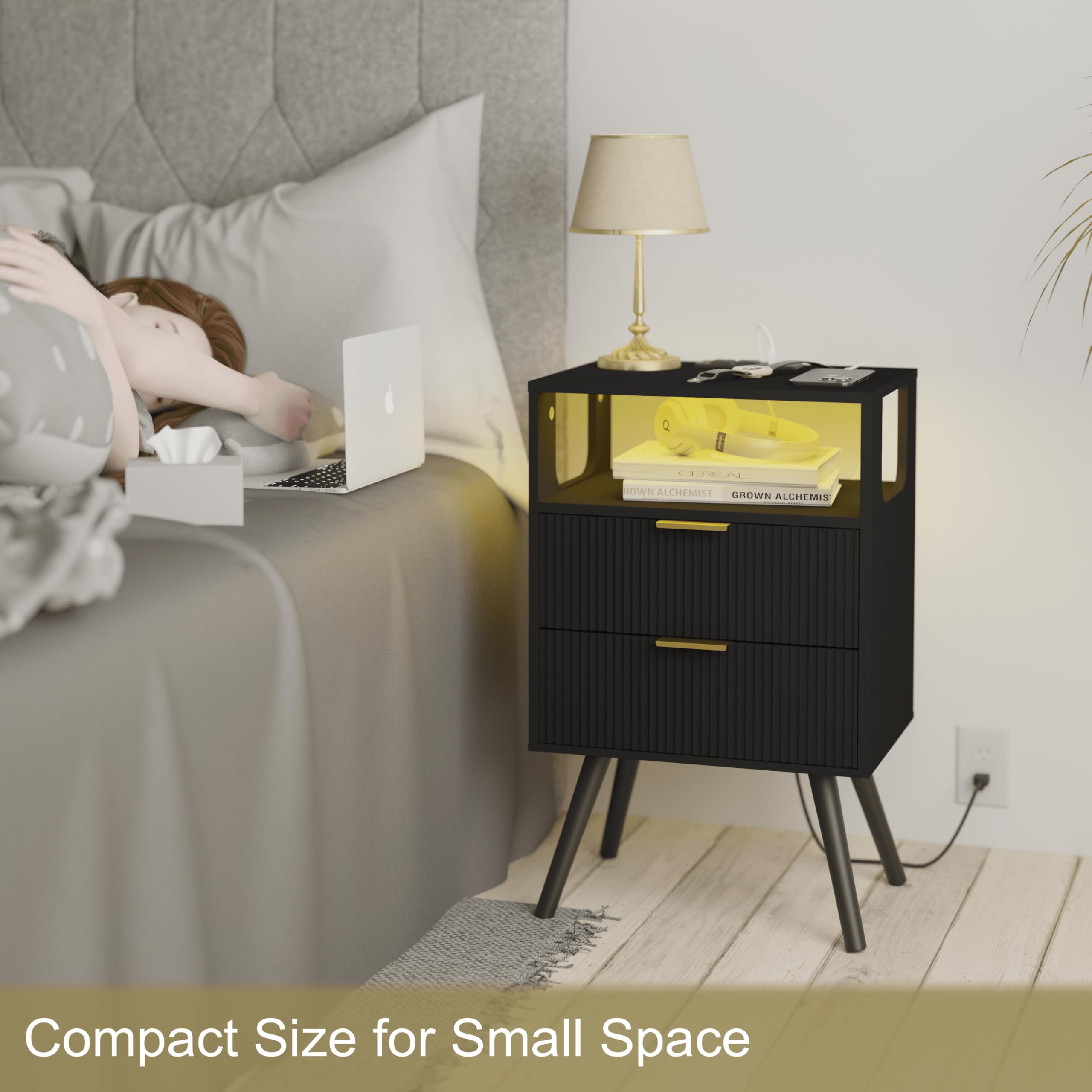 Modern Black Nightstand with USB Charging Station & LED Lights - Bedside Table with 2 Storage Drawers & Open Shelf - Solid Wood Legs for Bedroom, Living Room & Small Spaces - Perfect for Charging Devices & Nighttime Reading