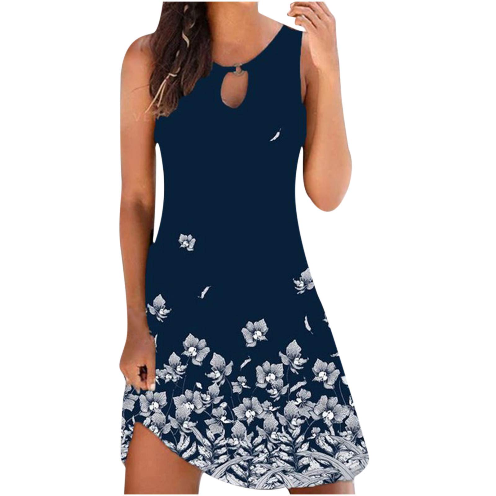 PAPIYON Women's Sleeveless T-Shirt Dress with Cutout Detail - Casual O-Neck Printed Party Maxi Dress, High Waist Flowy Swing Dress for Summer Outfits, Beach Cover Up, Date Night & Special Occasions