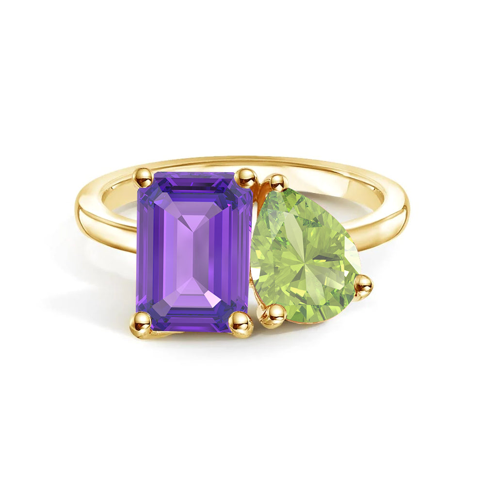 Personalized Toi et Moi Amethyst Birthstone Ring - Custom Anniversary Jewelry for Couples, Gift for Her, Romantic Proposal & Wedding Band